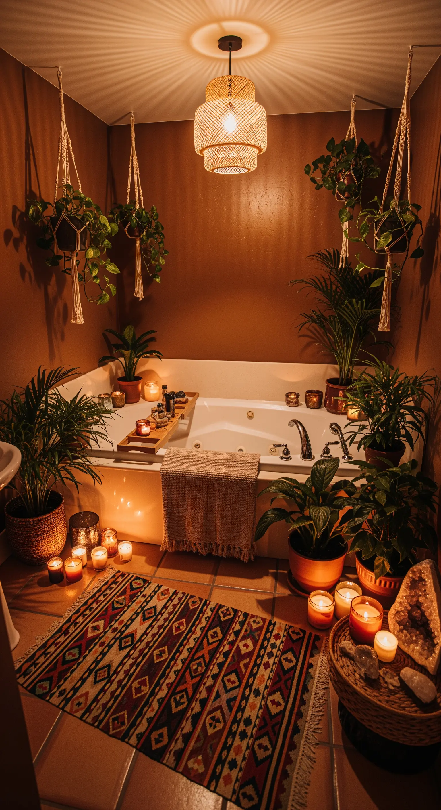 Bagno bohémien con piante sospese in macramè, tappeto etnico e molte candele.