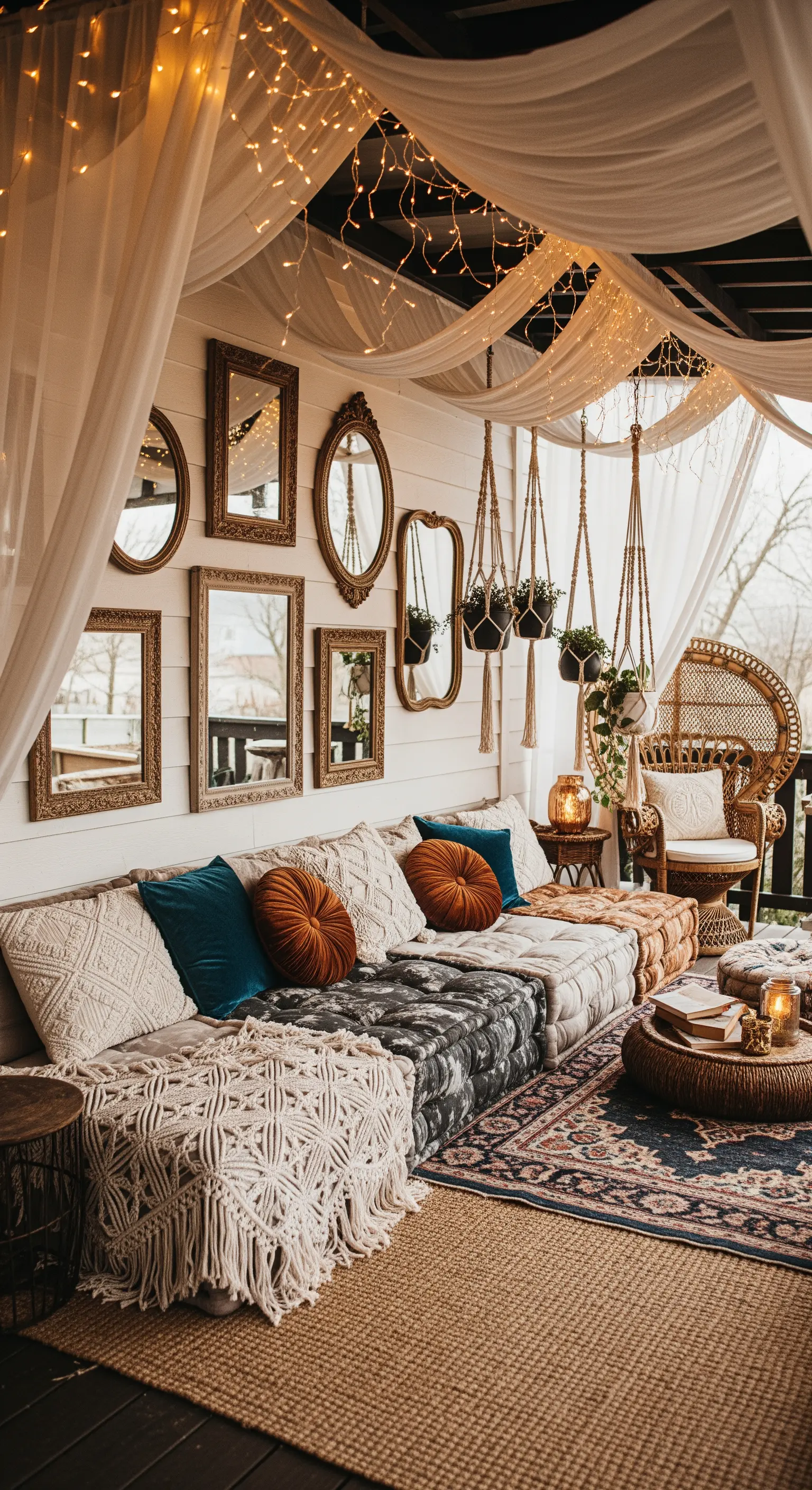 Portico boho-chic con divano basso, una galleria di specchi vintage, tende e piante sospese