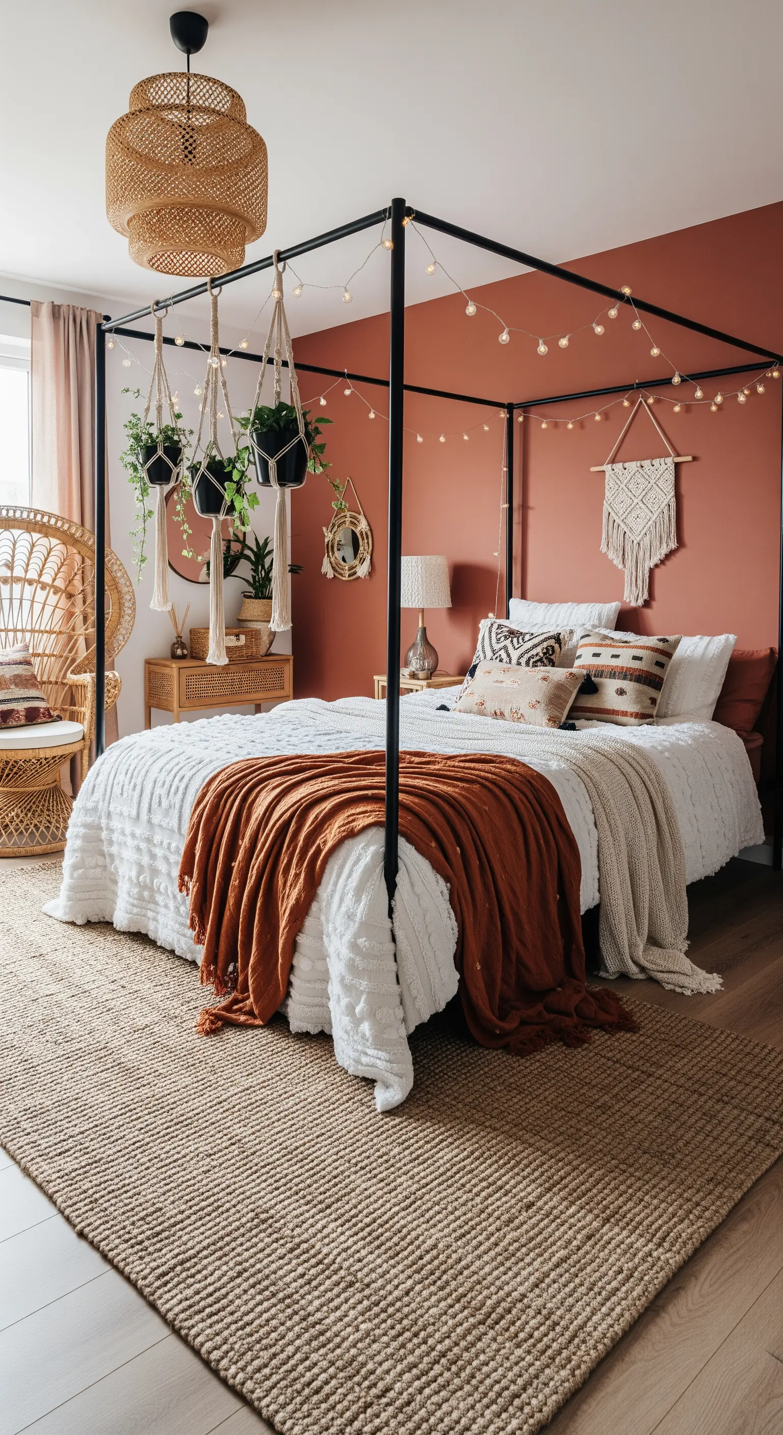 Letto a baldacchino nero decorato con luci e piante sospese in una camera da letto boho chic.