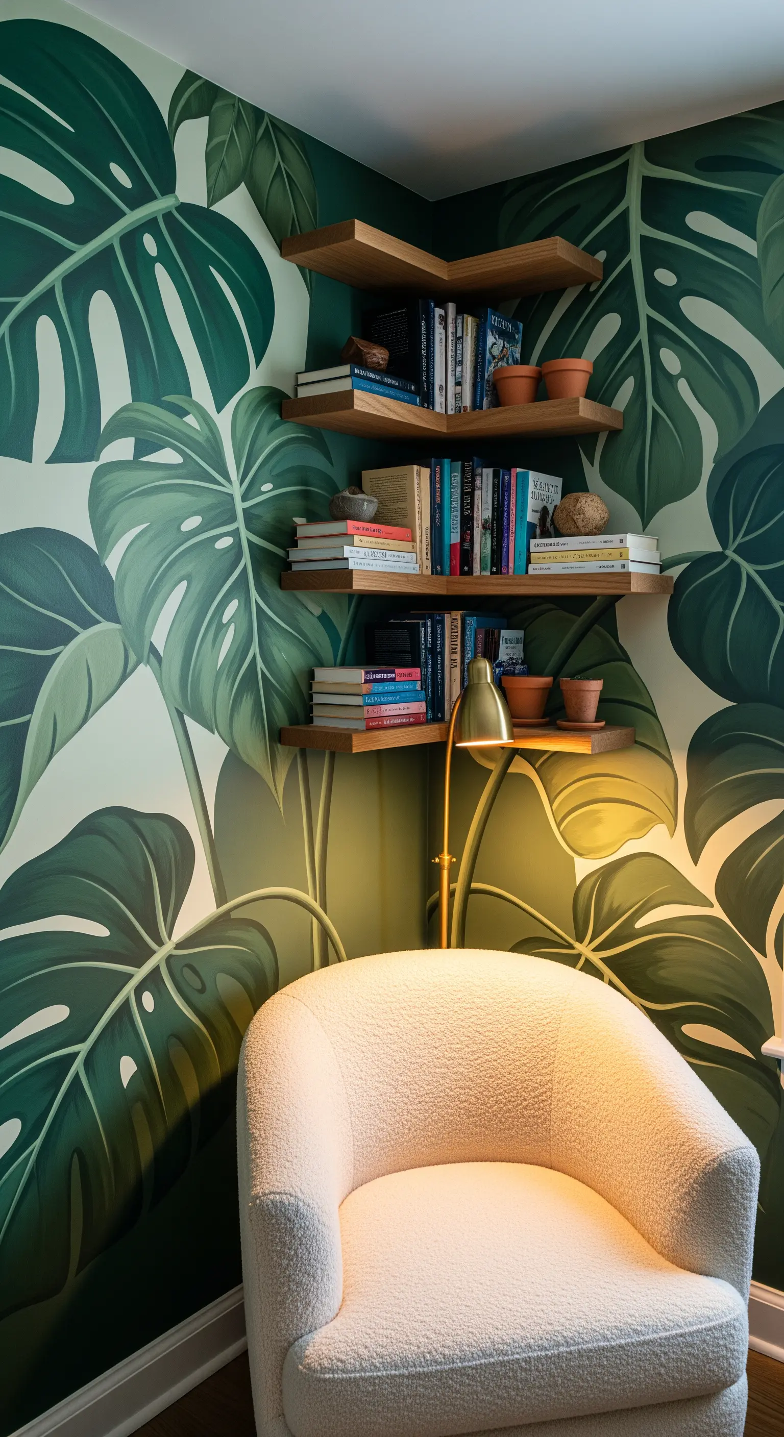 Angolo lettura con murale a foglie di Monstera, mensole in legno e poltrona in bouclé.
