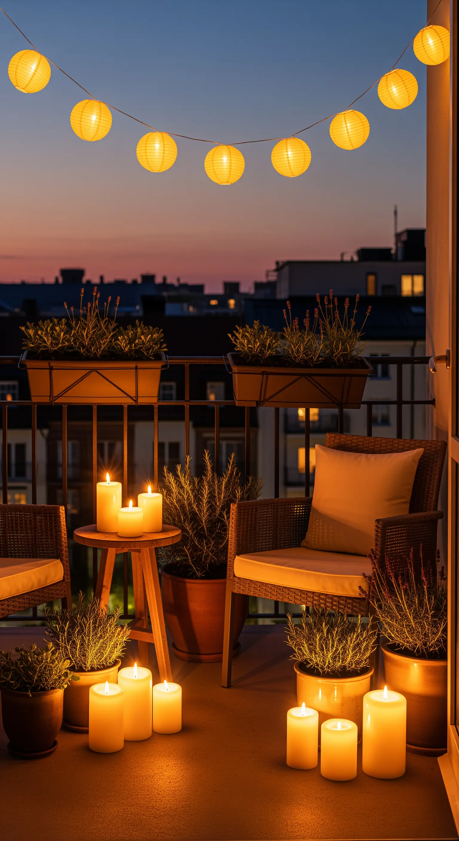Balcone accogliente con poltrone in rattan, piante e gruppi di candele LED sparse a terra e su un tavolino