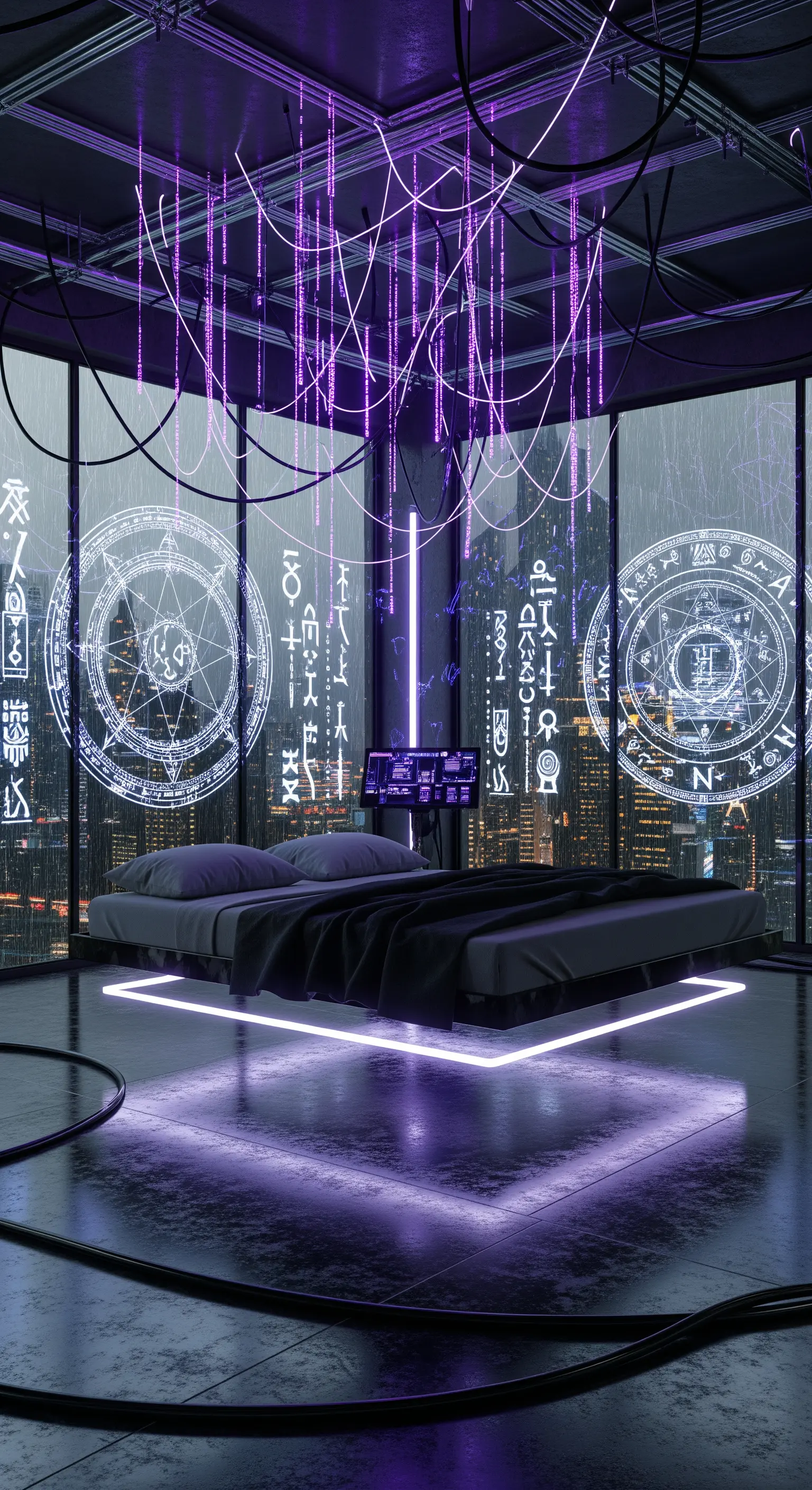 Camera futuristica con letto sospeso, luci al neon viola e simboli arcani sulle finestre.