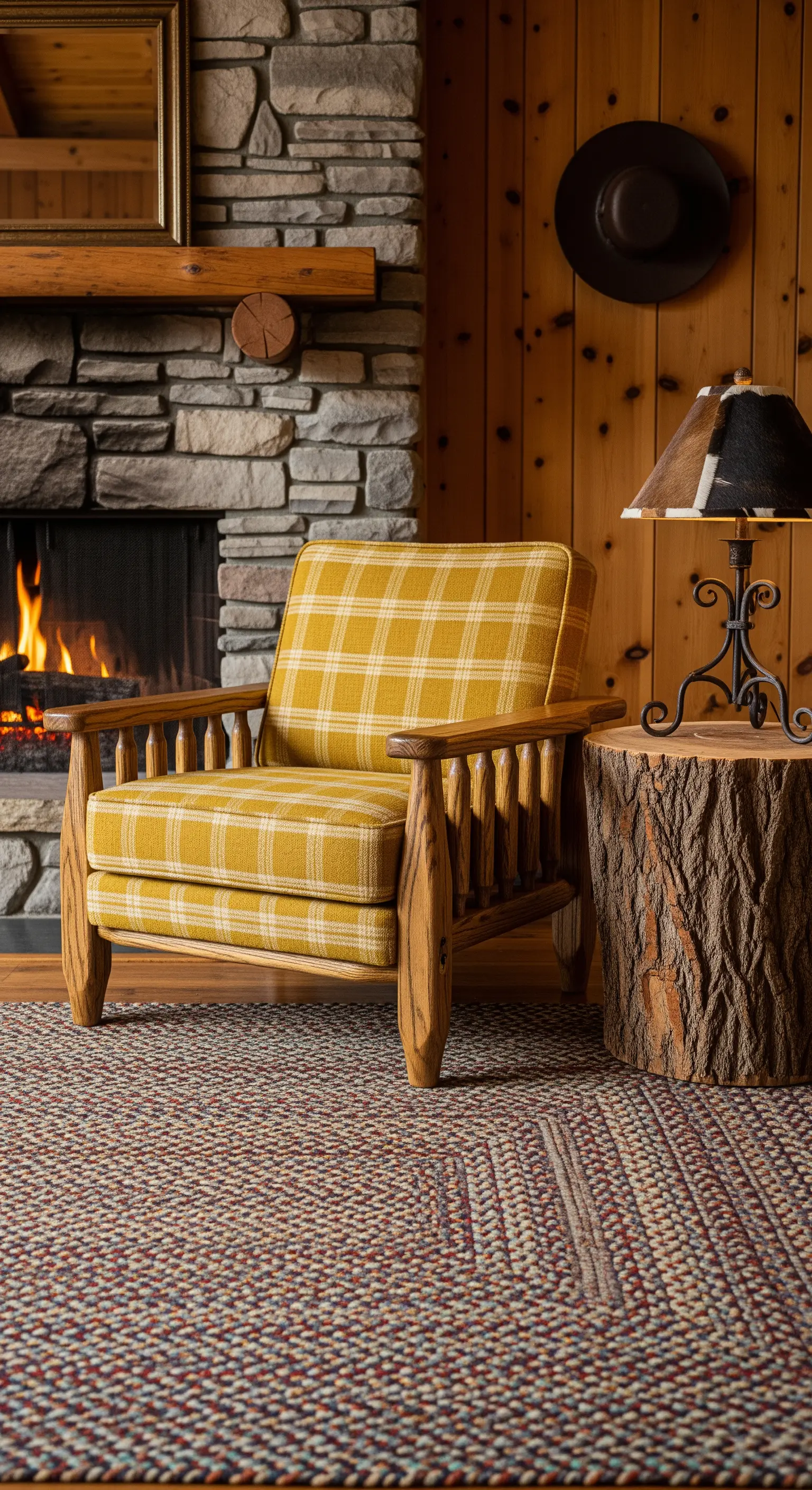 Poltrona scozzese senape accanto a un camino in pietra, con tavolino in legno grezzo.