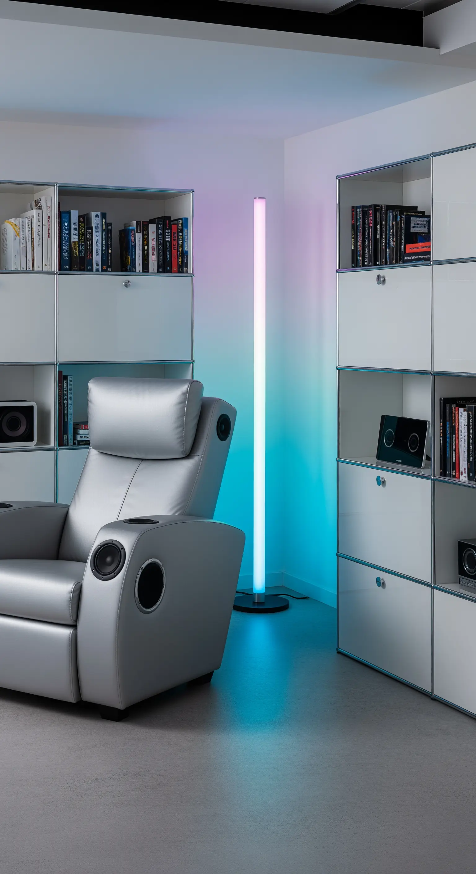 Poltrona reclinabile tecnologica argento con illuminazione a led colorata e mobili modulari.