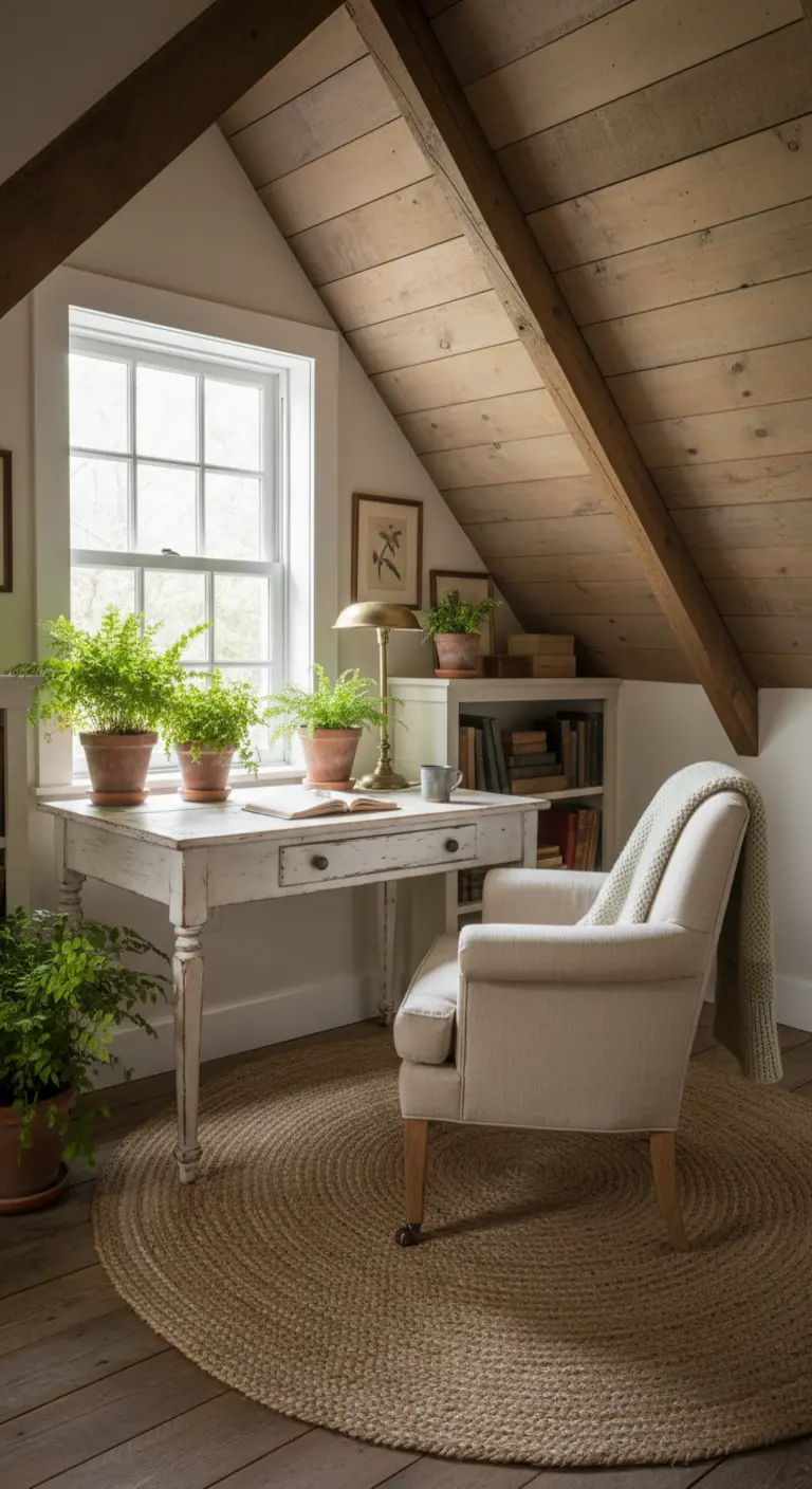Scrivania bianca decapata in una mansarda con travi in legno, tappeto di juta e felci.