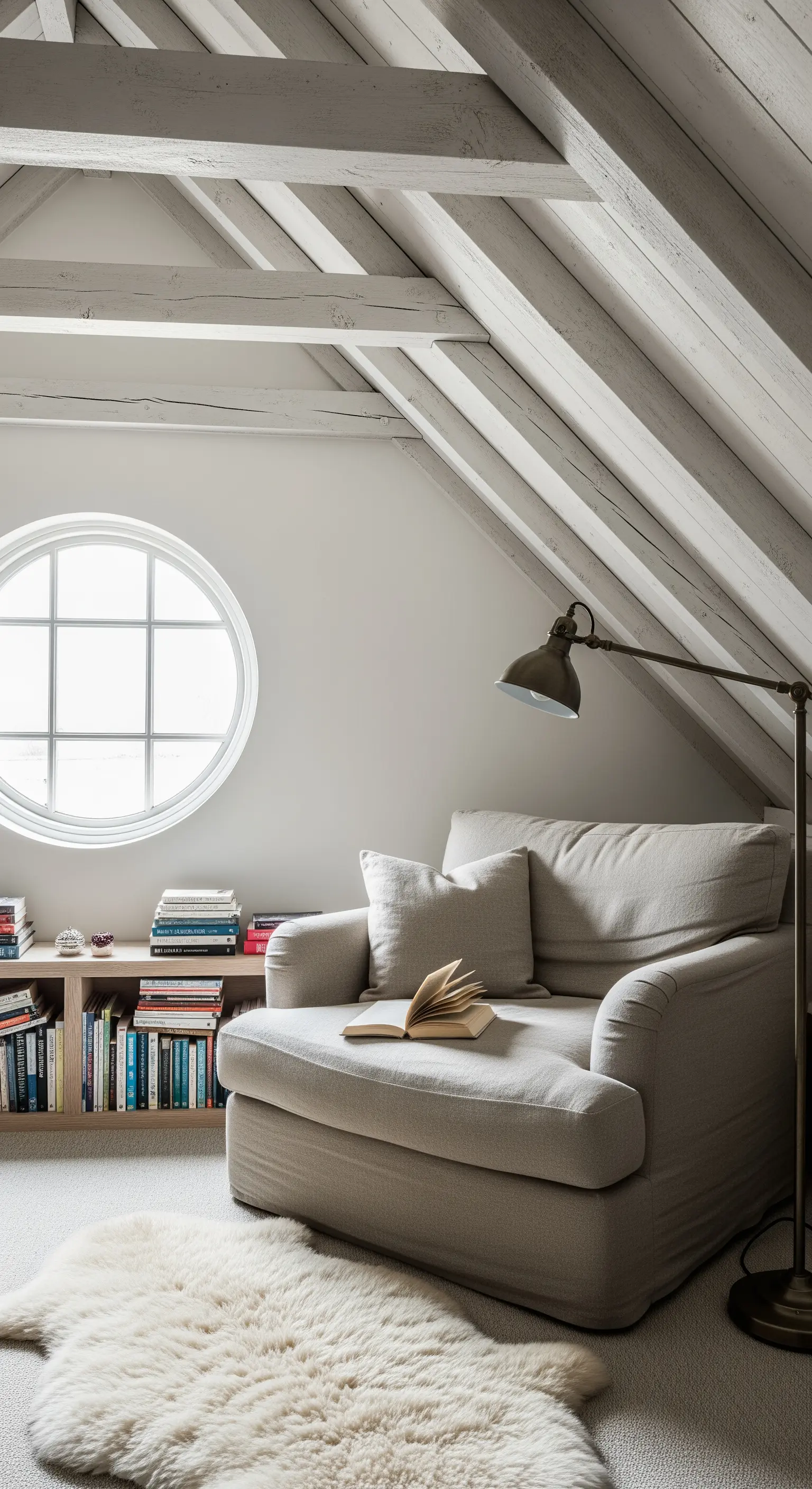 Angolo lettura in una mansarda luminosa con poltrona beige, travi a vista e finestra rotonda.