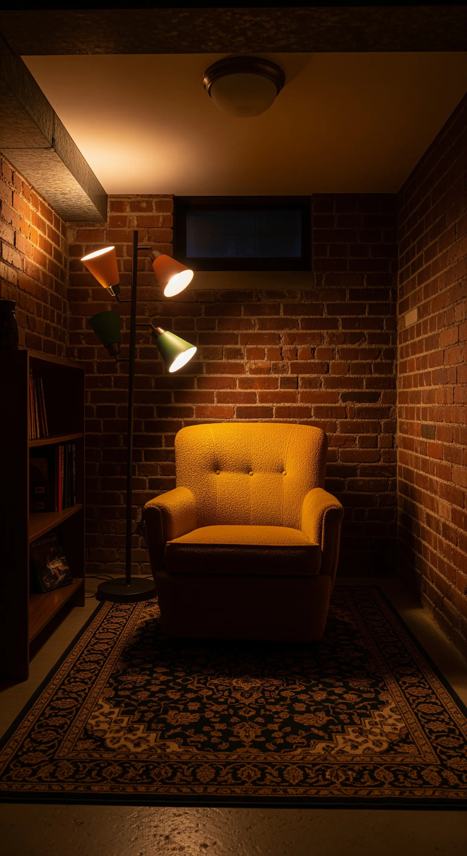 Poltrona bouclé senape in un angolo con parete in mattoni e lampada da terra orientabile.