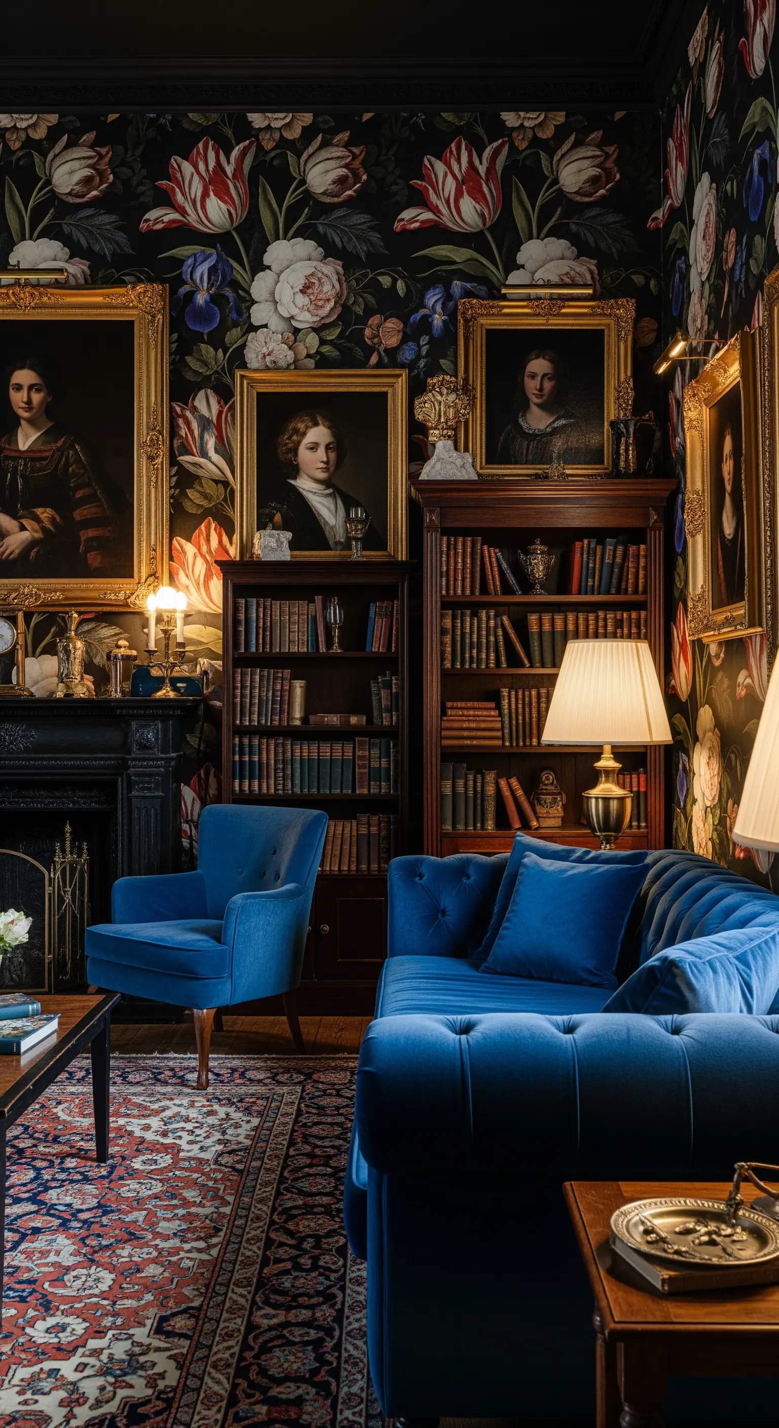 Salotto buio e accogliente con carta da parati floreale, librerie e divano in velluto blu.