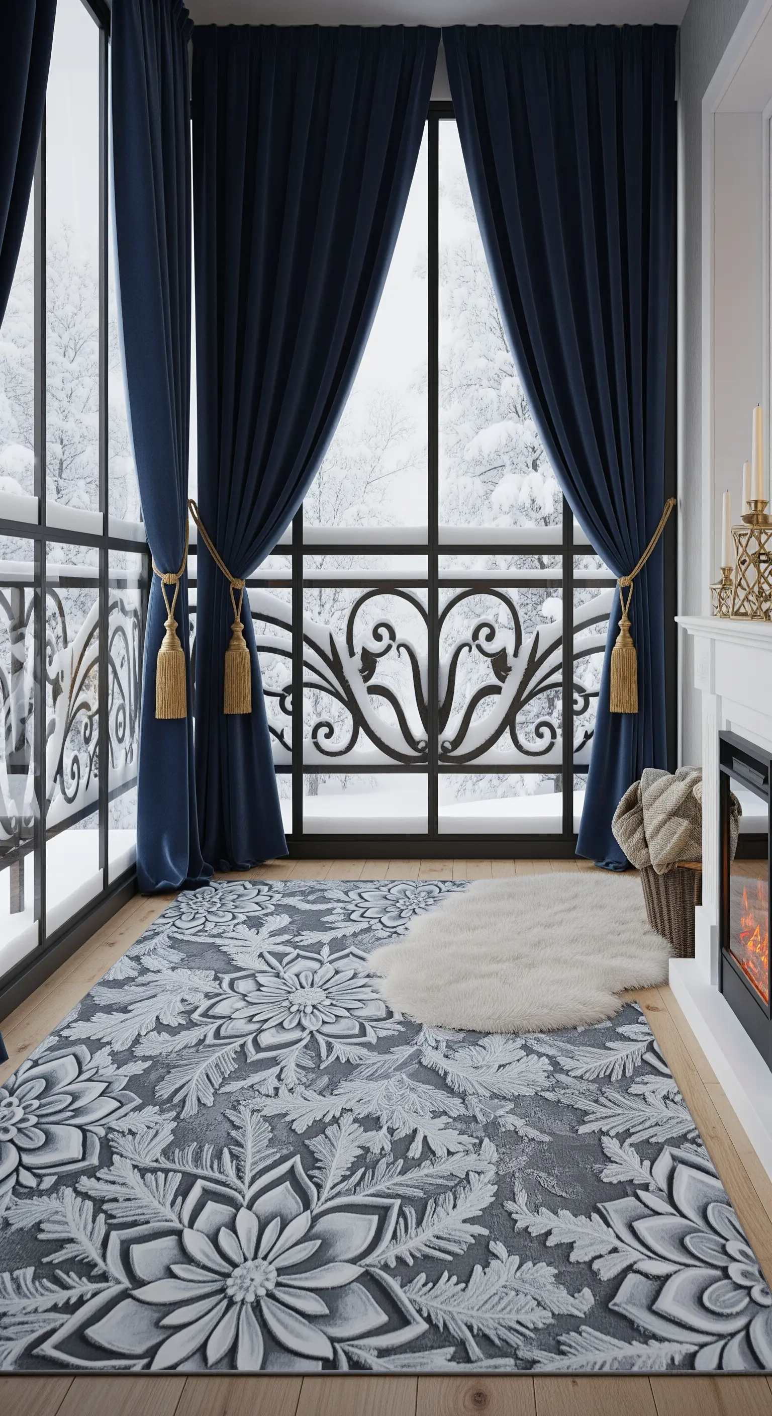 Balcone invernale con tende in velluto blu, tappeto floreale grigio e finta pelliccia.
