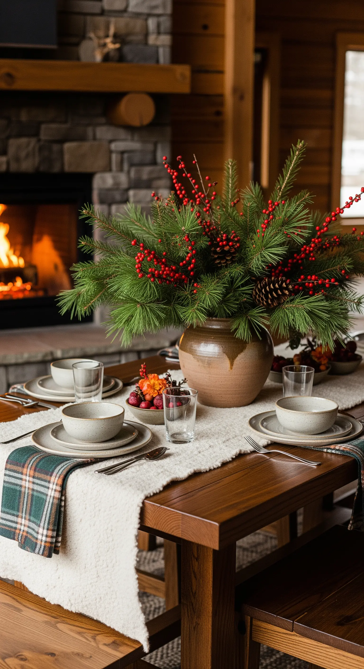 Tavola invernale in legno con centrotavola di pino e bacche rosse, vicino a un camino acceso.