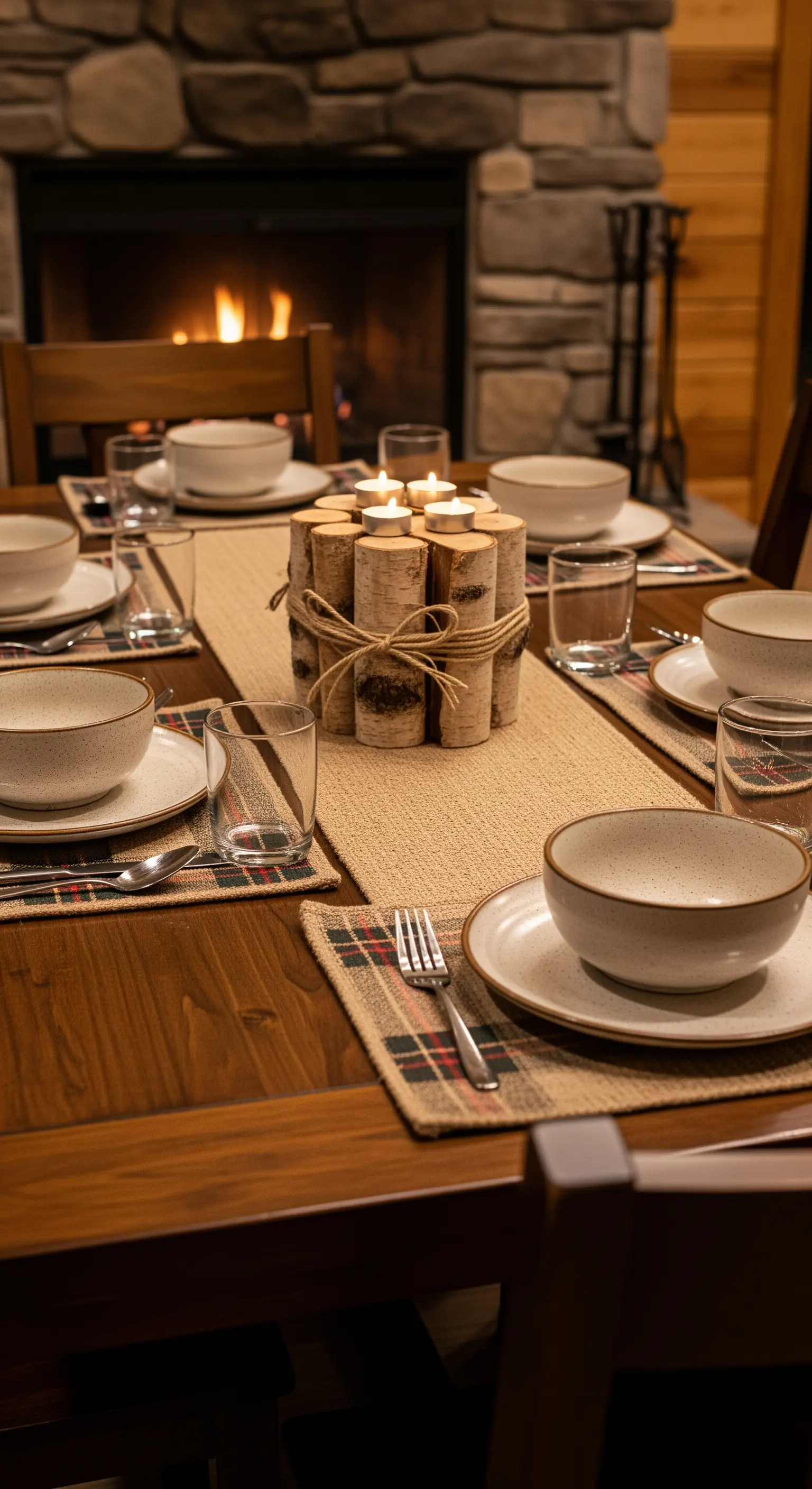 Tavola rustica davanti a un camino, con centrotavola di tronchi di betulla e candele.