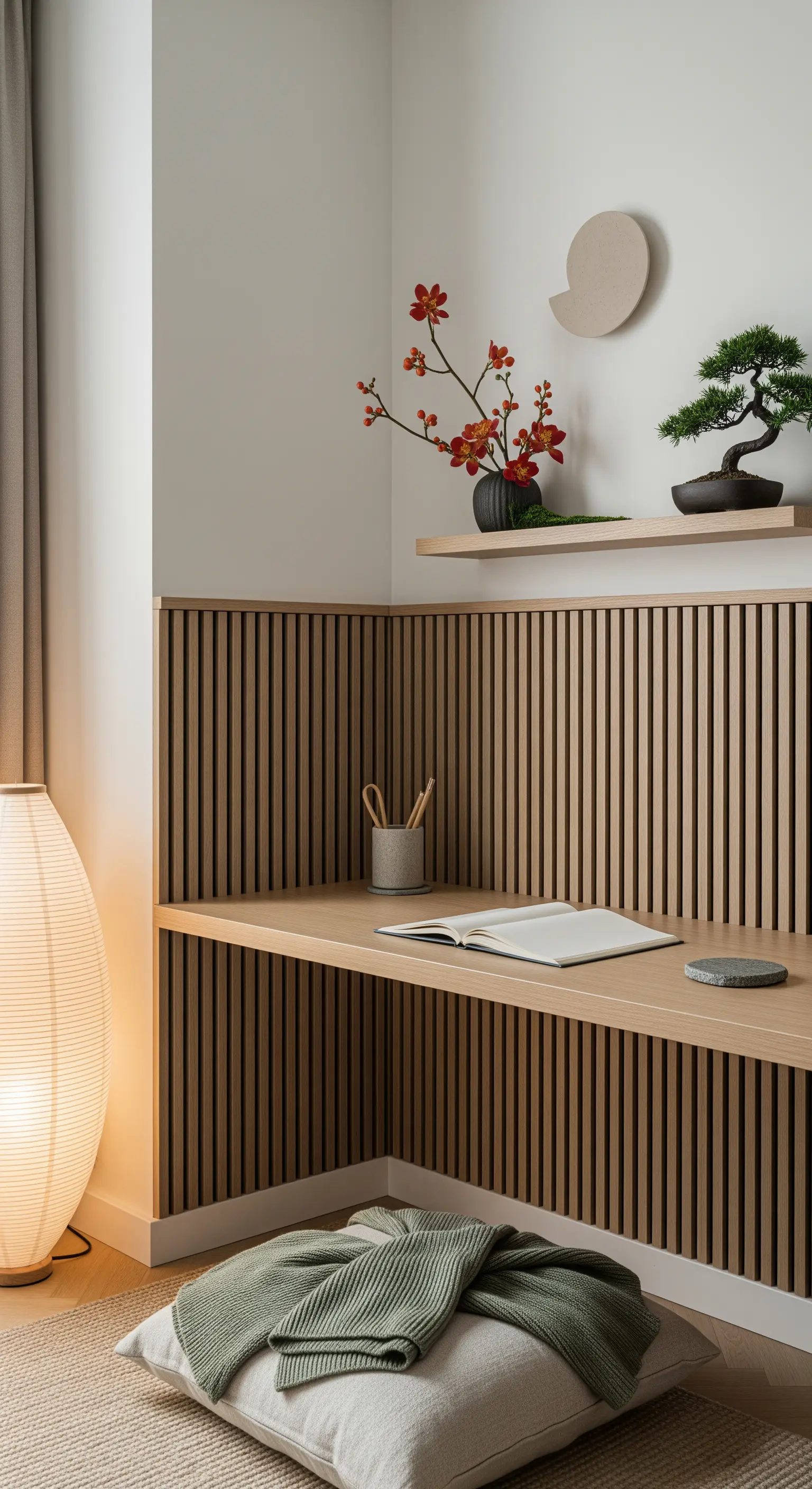 Angolo studio in stile Japandi con boiserie a listelli, scrivania bassa e cuscino da terra.