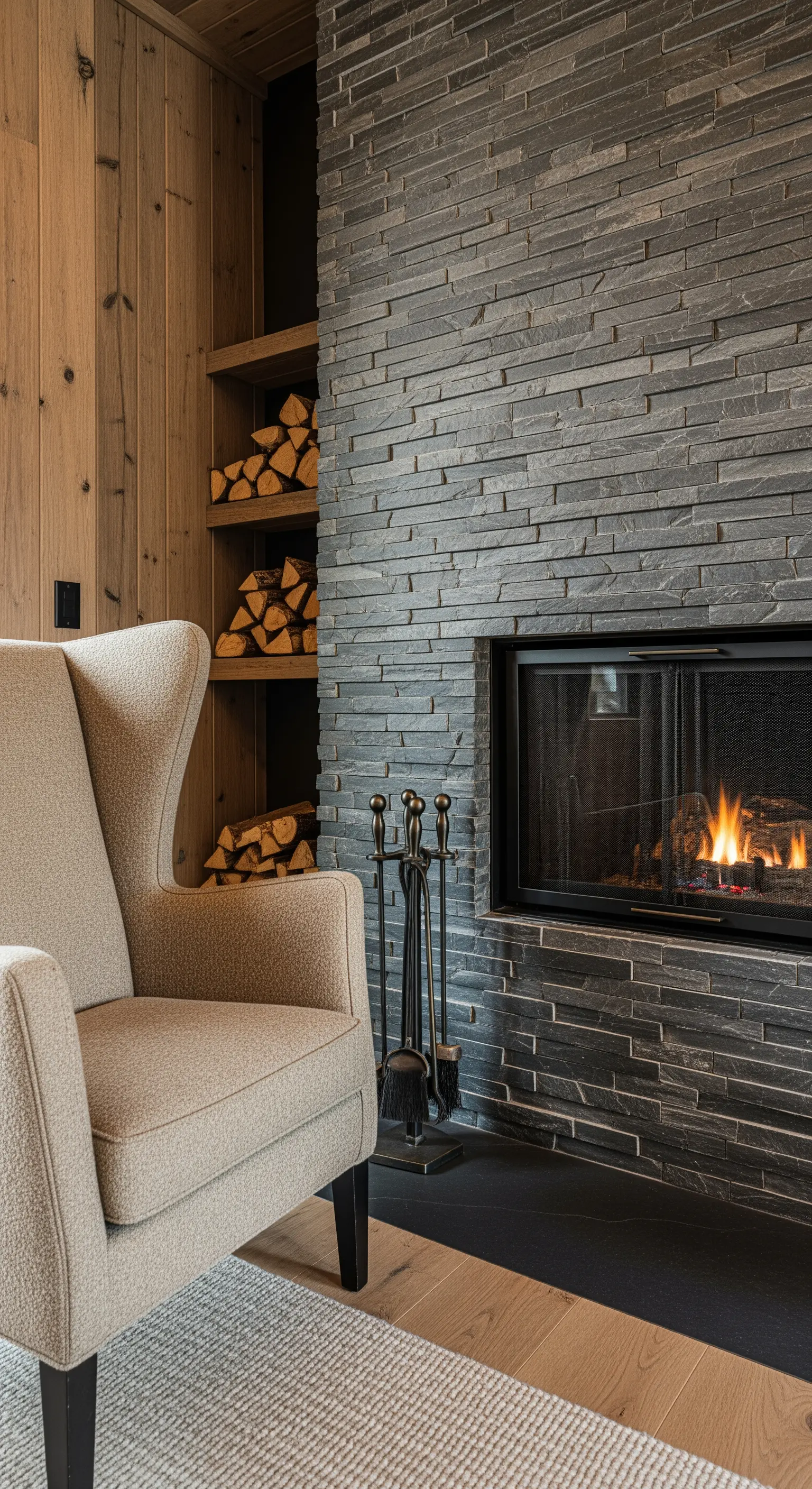 Poltrona in tessuto grezzo chiaro accanto a un camino rivestito in pietra scura a listelli.