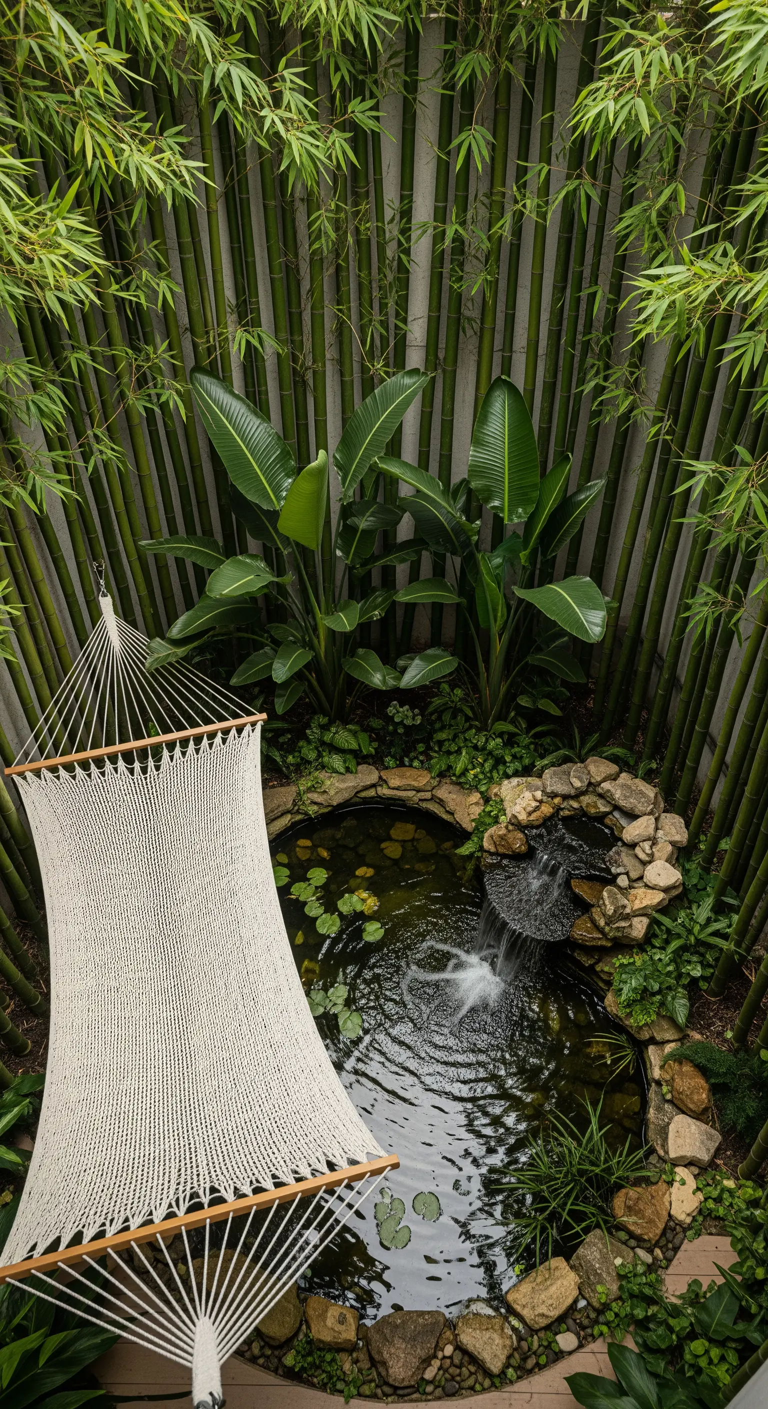 Amaca in corda bianca sospesa sopra un laghetto con cascata, circondato da una fitta parete di bambù