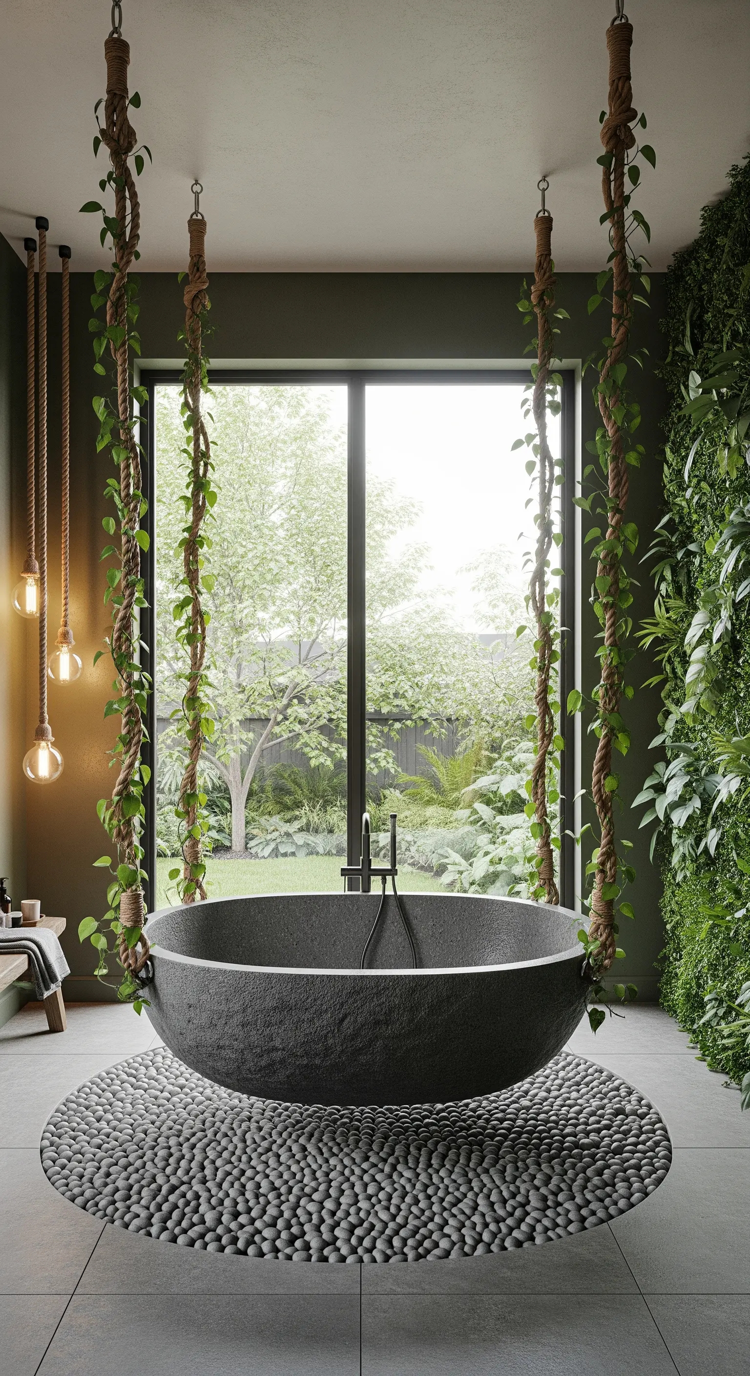 Vasca sospesa in pietra scura, circondata da piante e un tappeto di ciottoli levigati.