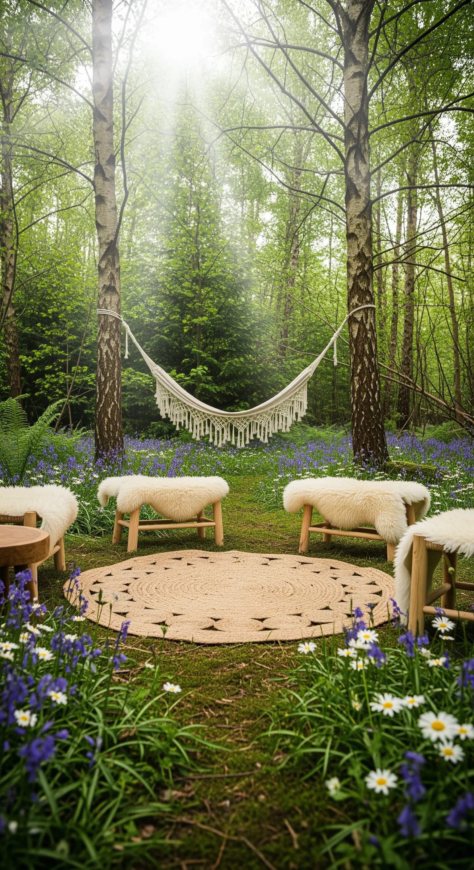 Radura nel bosco con amaca in macramé, tappeto di iuta e sgabelli coperti di pelliccia.