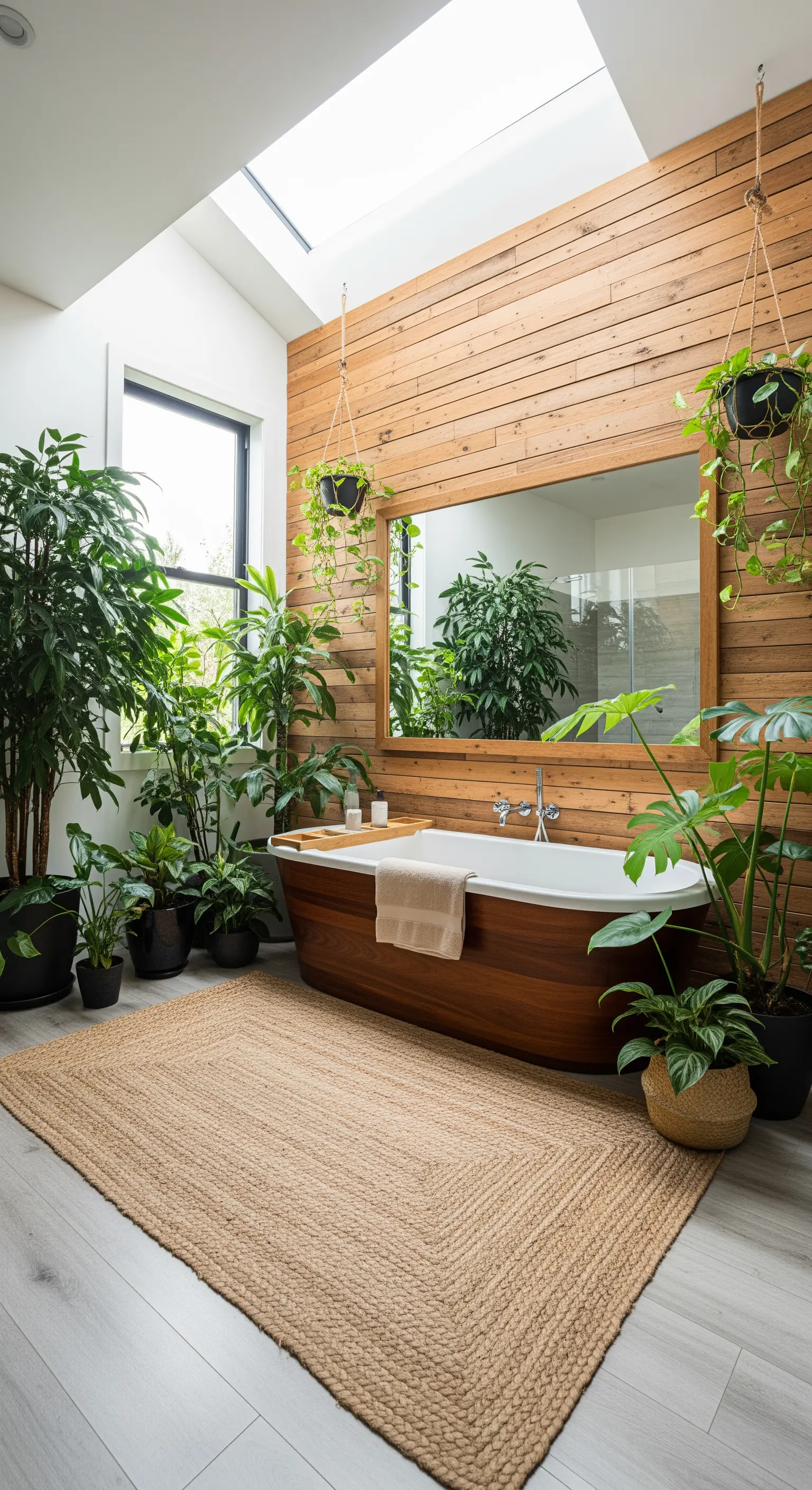 Bagno con parete in legno, vasca freestanding circondata da piante e tappeto in juta.