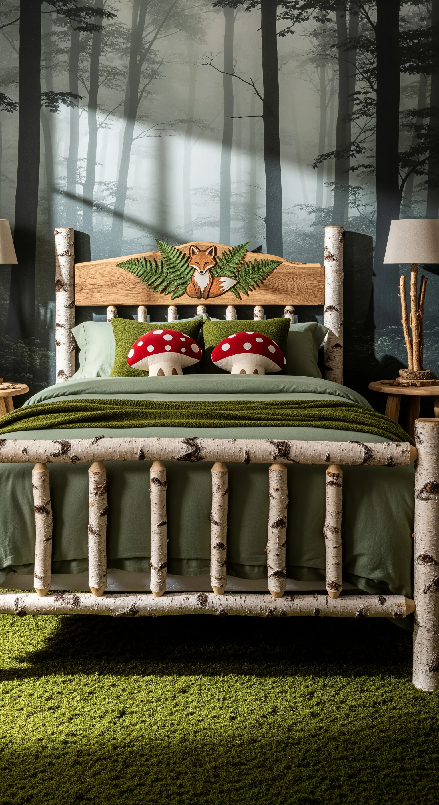 Letto realizzato con tronchi di betulla e una testiera intagliata con una volpe, stile bosco.