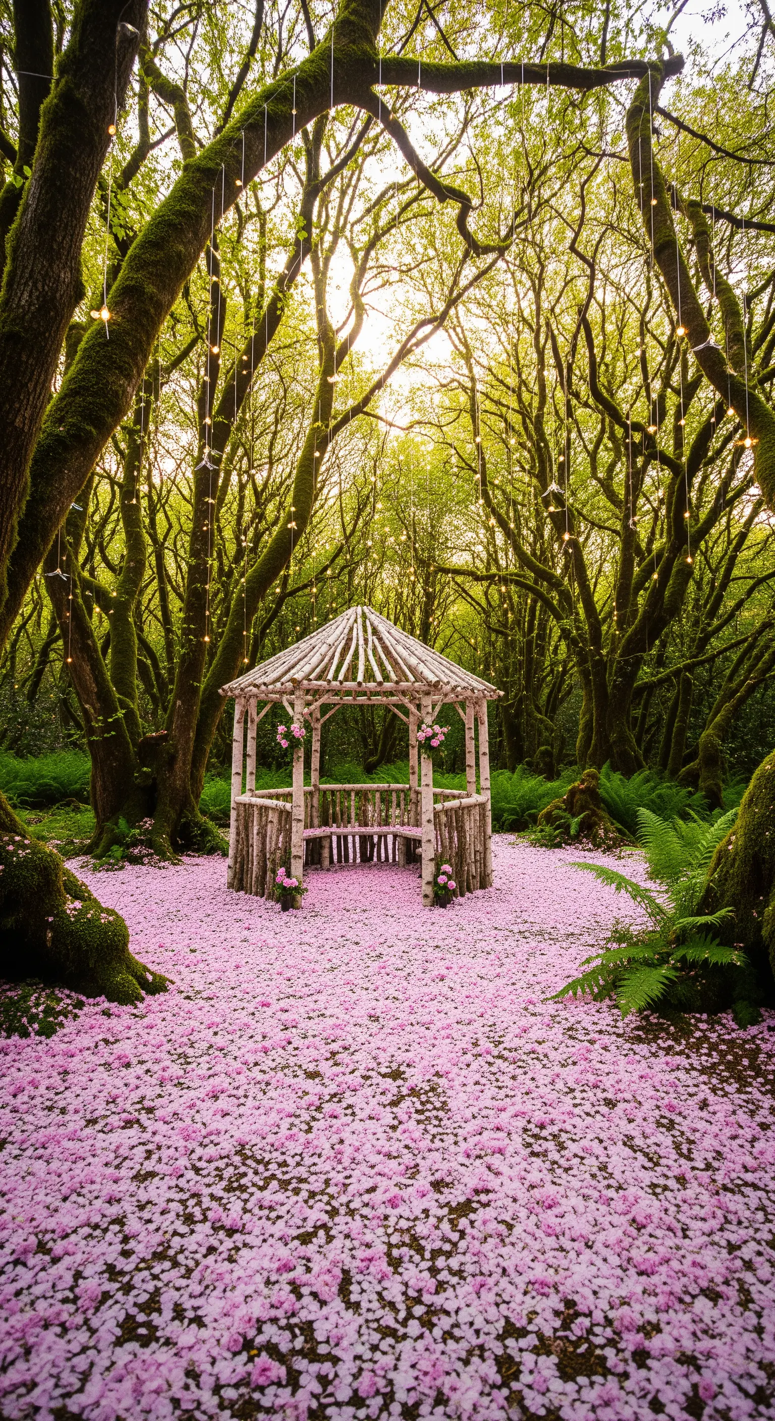 Gazebo rustico in legno di betulla in una foresta, con tappeto di petali e lucine.
