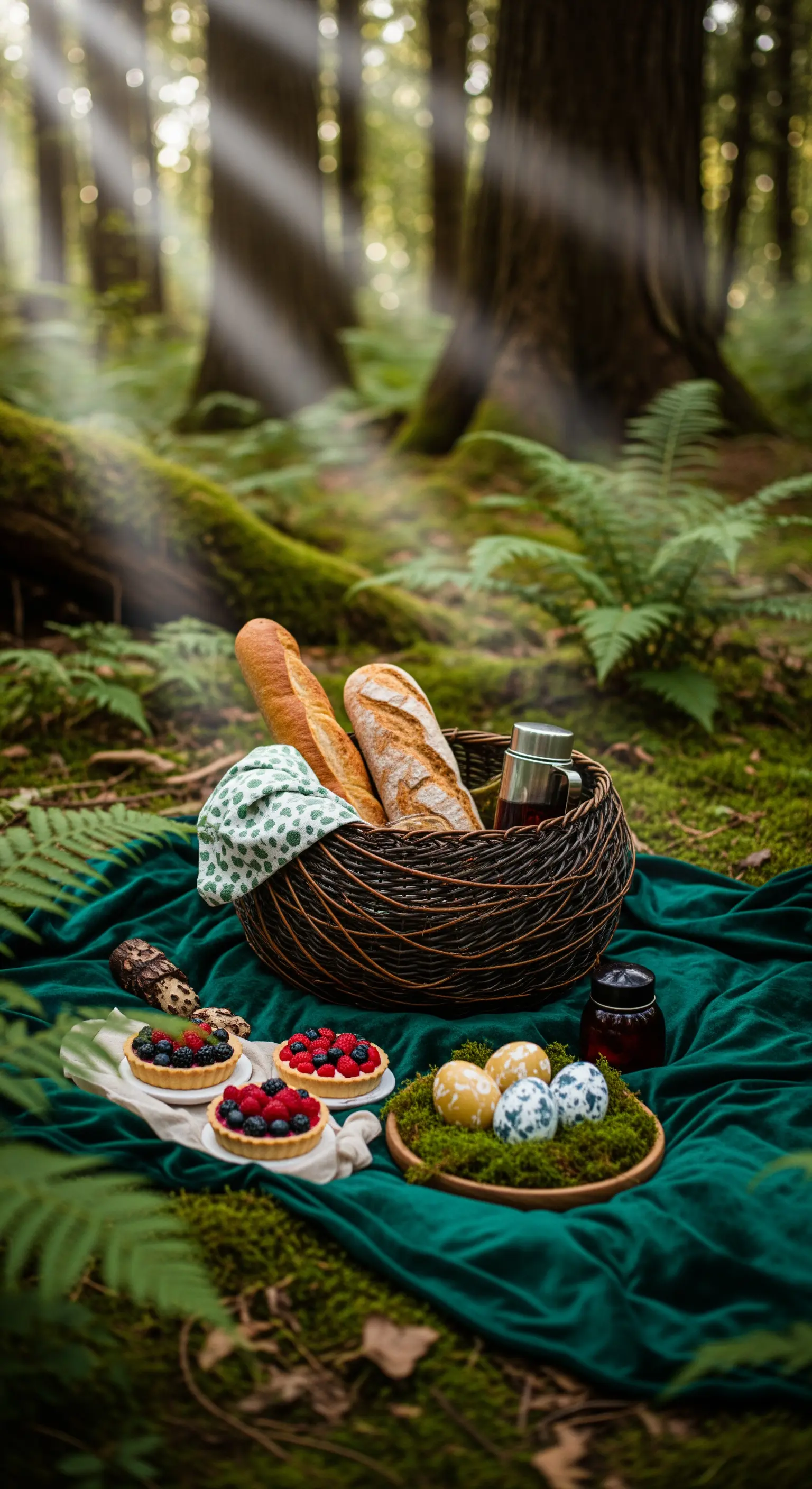 Picnic suggestivo in una foresta con un telo verde scuro, un cesto intrecciato e uova sul muschio.