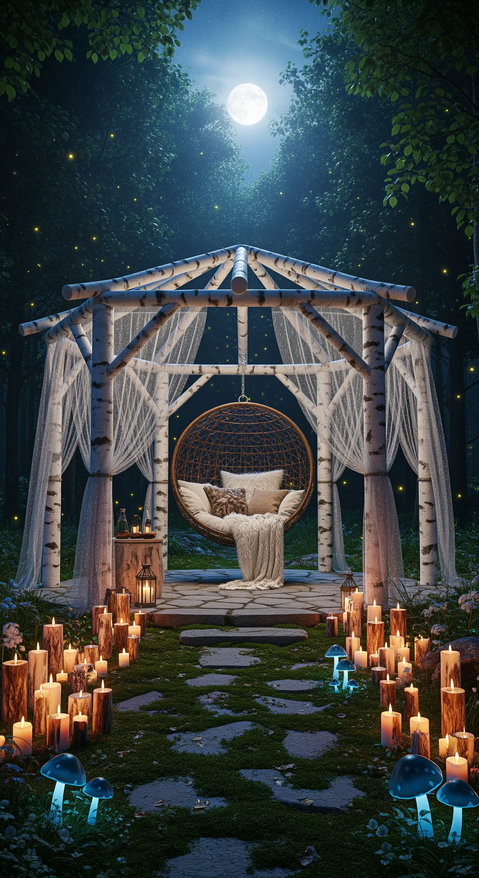 Gazebo in tronchi di betulla in una foresta di notte, con sedia sospesa e decine di candele.