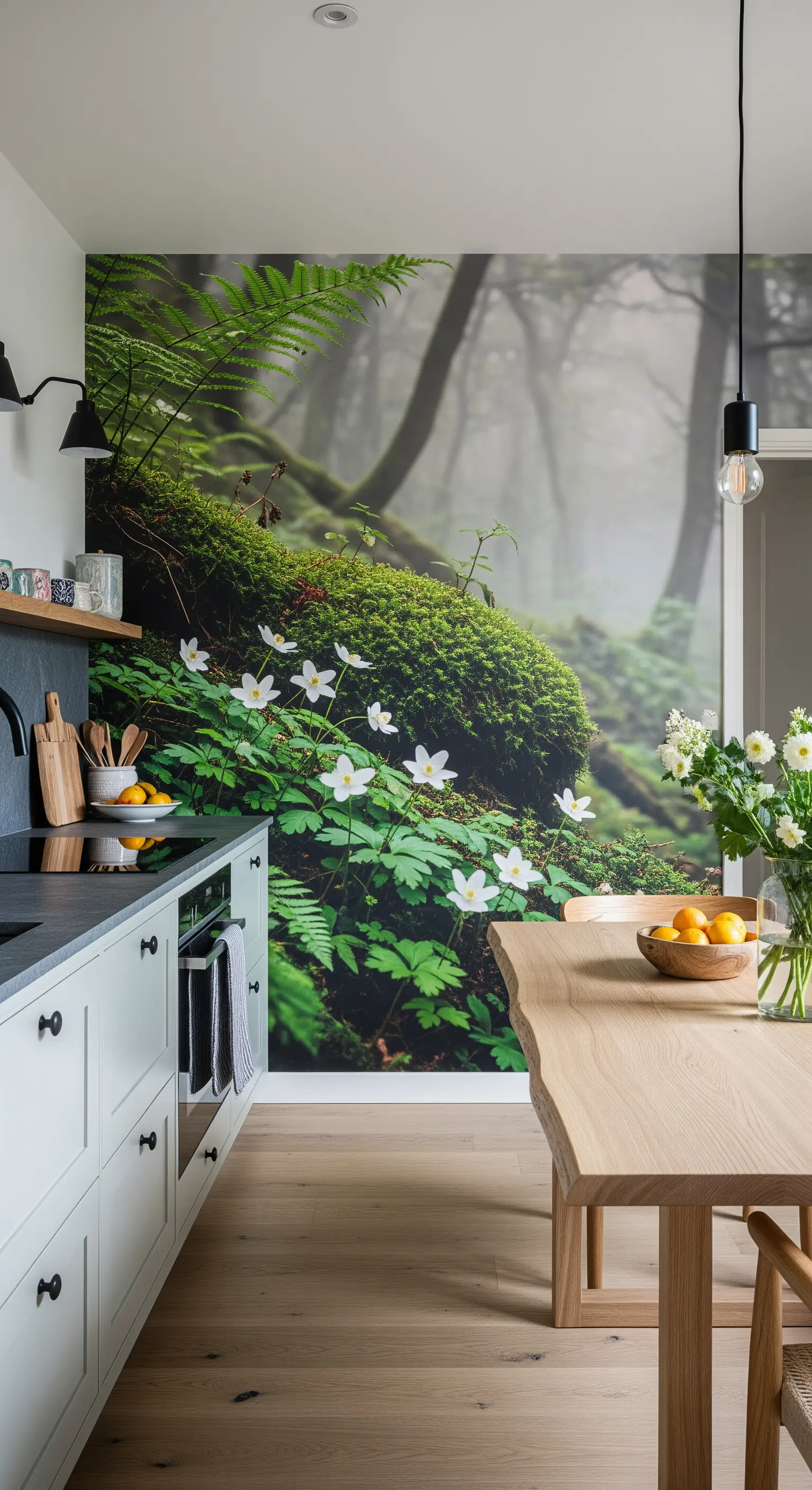 Cucina con murale di una foresta nebbiosa e tavolo in legno con bordo naturale.