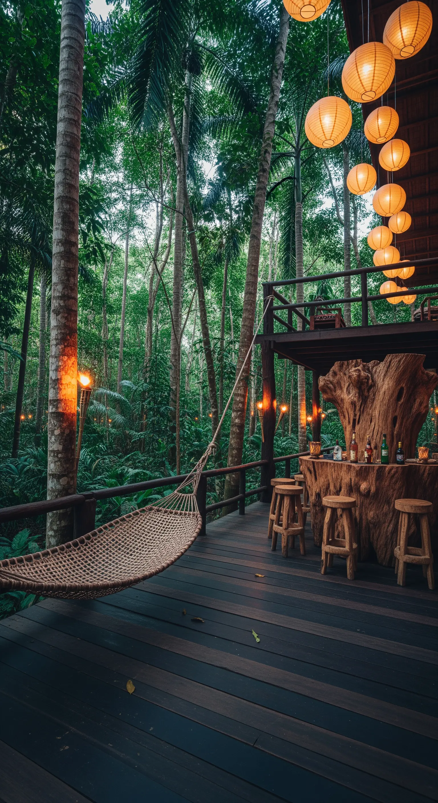 Portico in legno scuro nella foresta con bar ricavato da un tronco e lanterne sospese