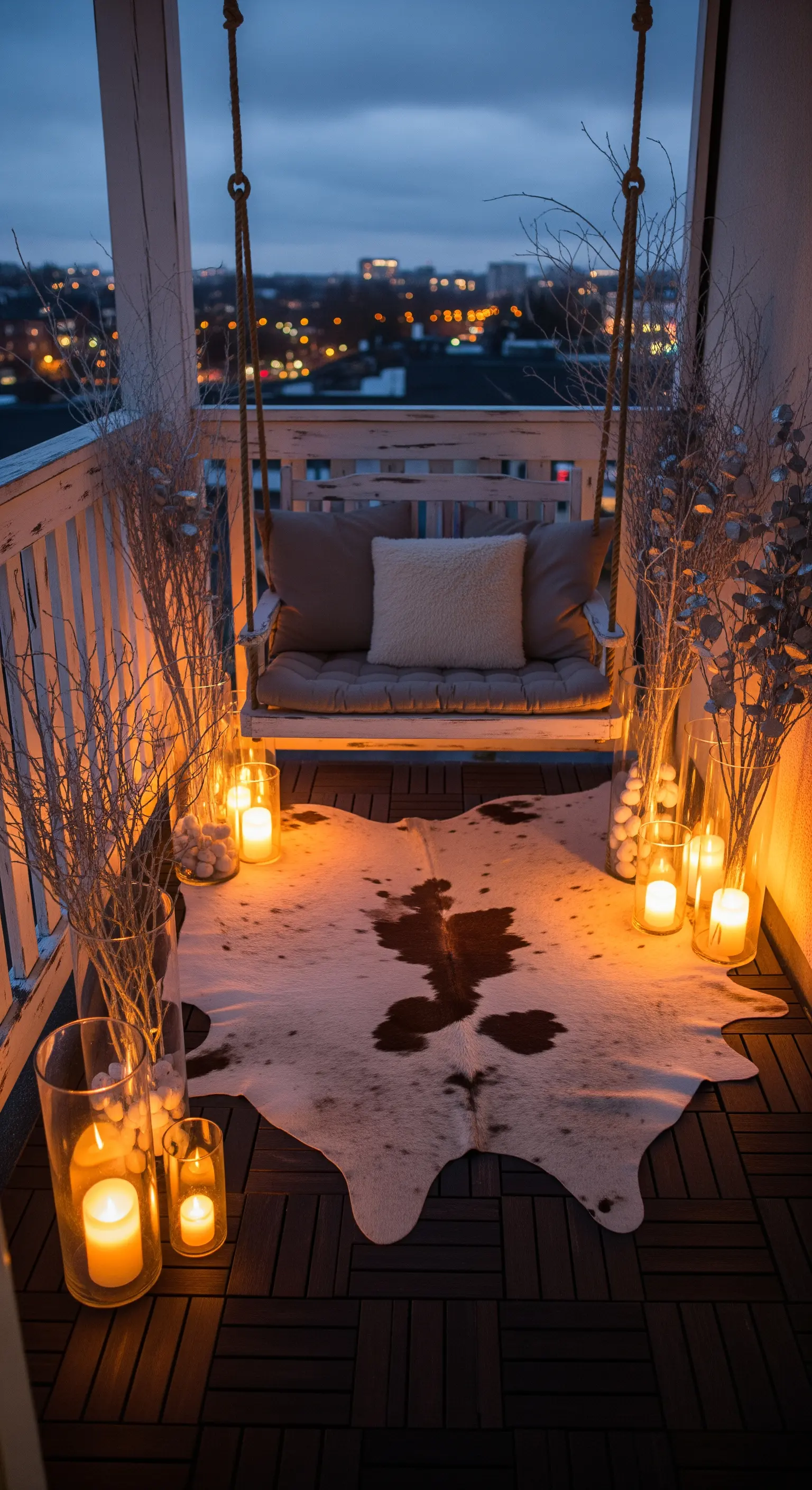 Balcone di sera con un'altalena, un tappeto in pelle di mucca e grandi vasi con candele accese.