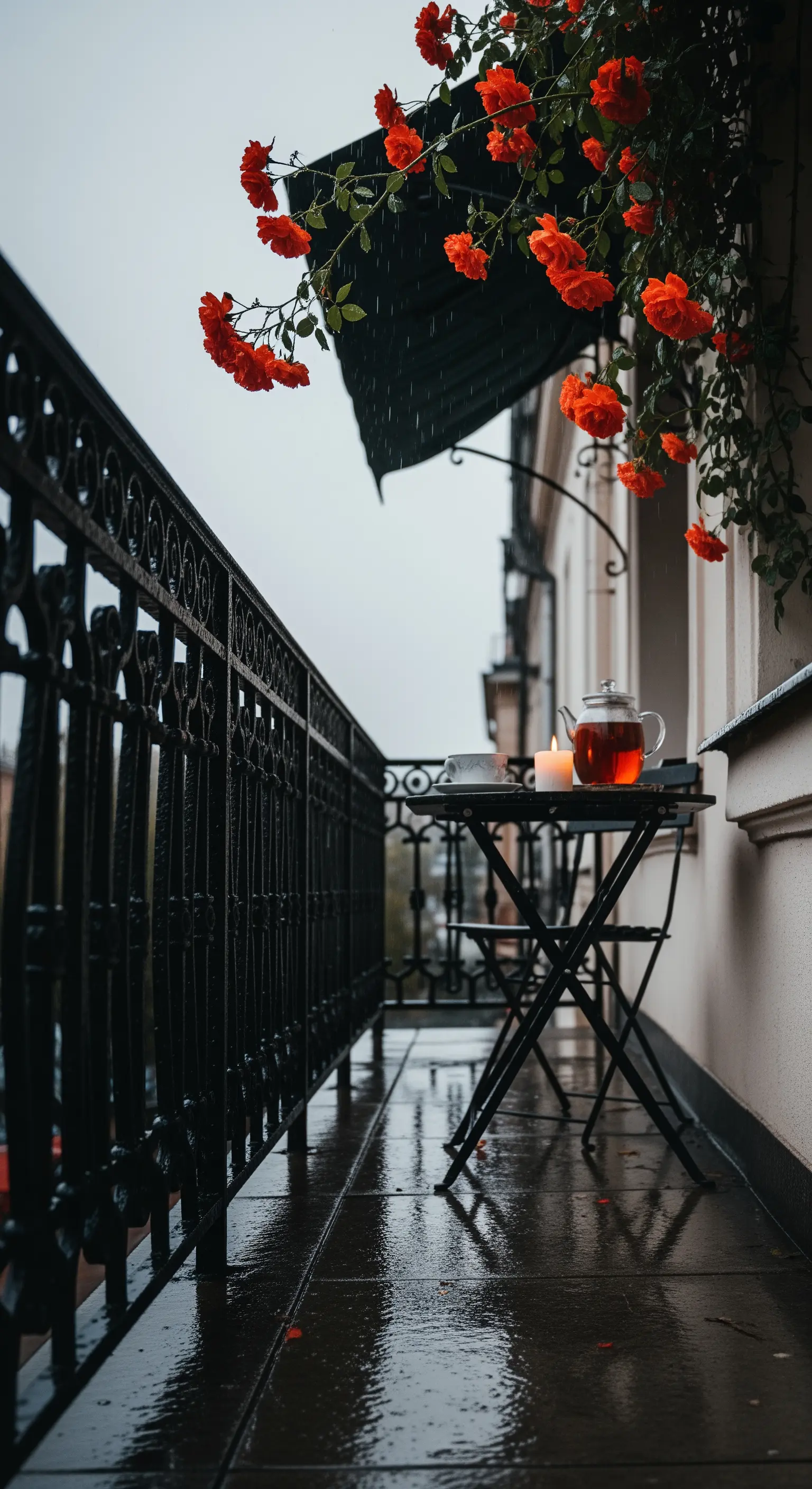 Balcone sotto la pioggia con pavimento bagnato e una candela accesa sul tavolino
