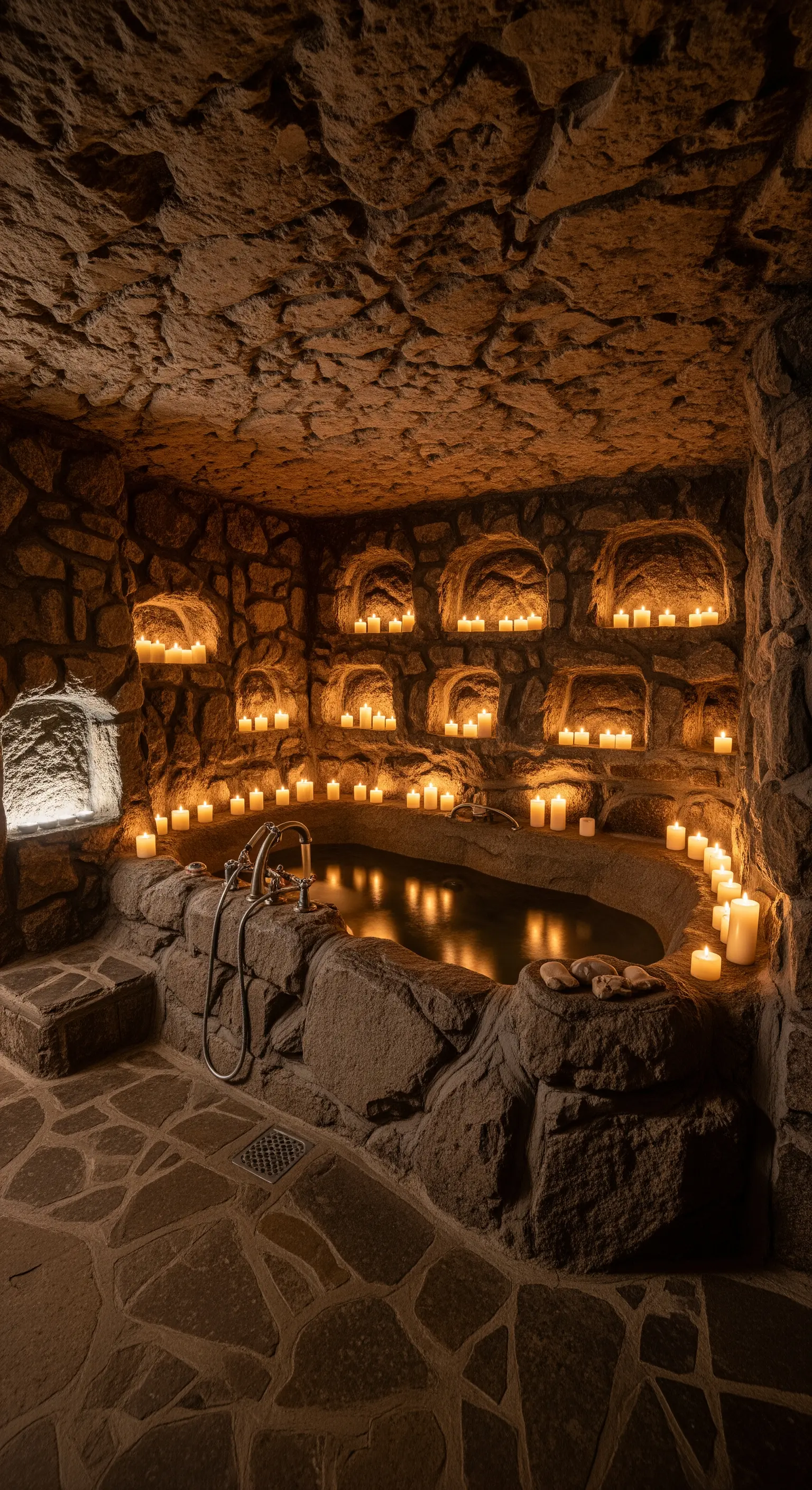 Vasca in pietra all'interno di una stanza-grotta illuminata interamente da candele.