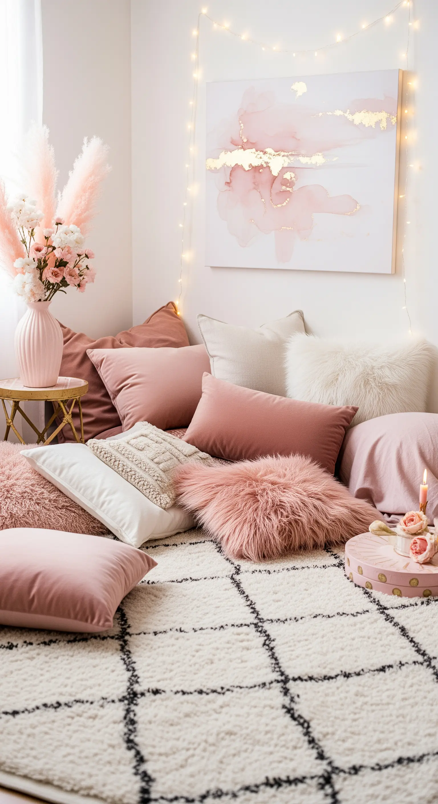 Angolo relax con un accumulo di cuscini rosa di varie texture, luci calde e dettagli dorati.