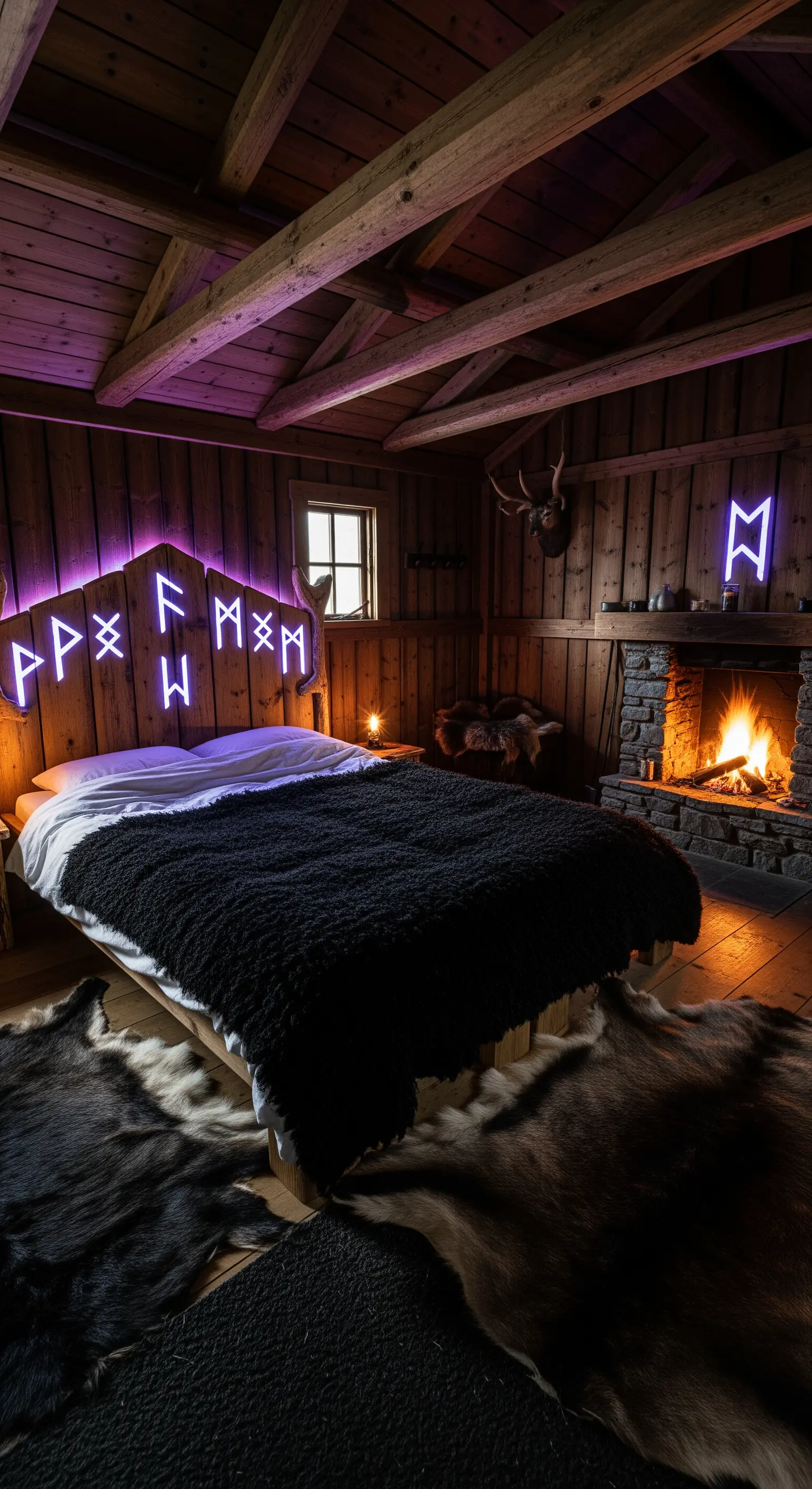 Camera da letto in stile vichingo con pareti in legno, rune al neon viola e un camino.