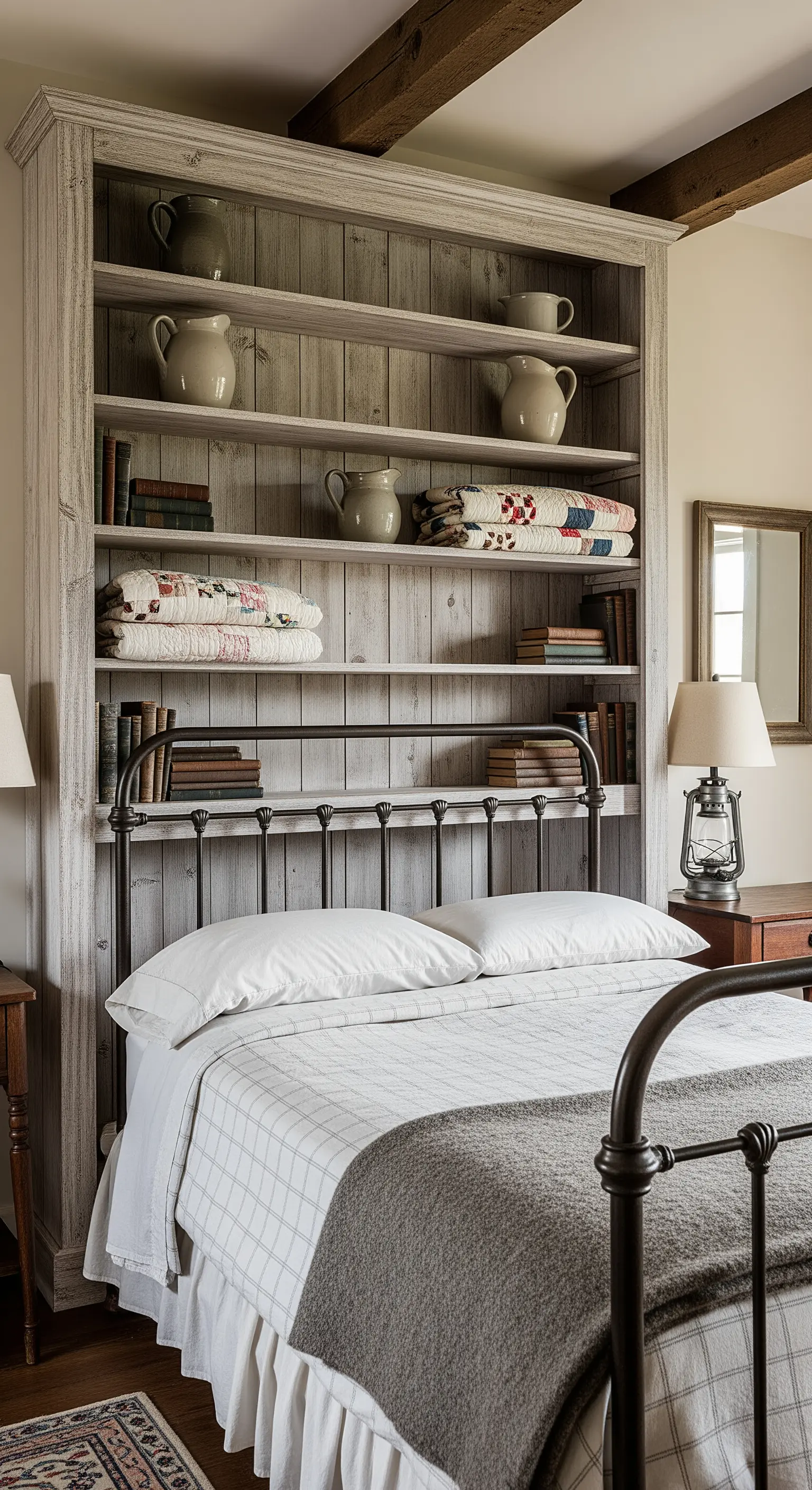 Libreria in legno decapato con letto in ferro battuto e trapunte quilt.