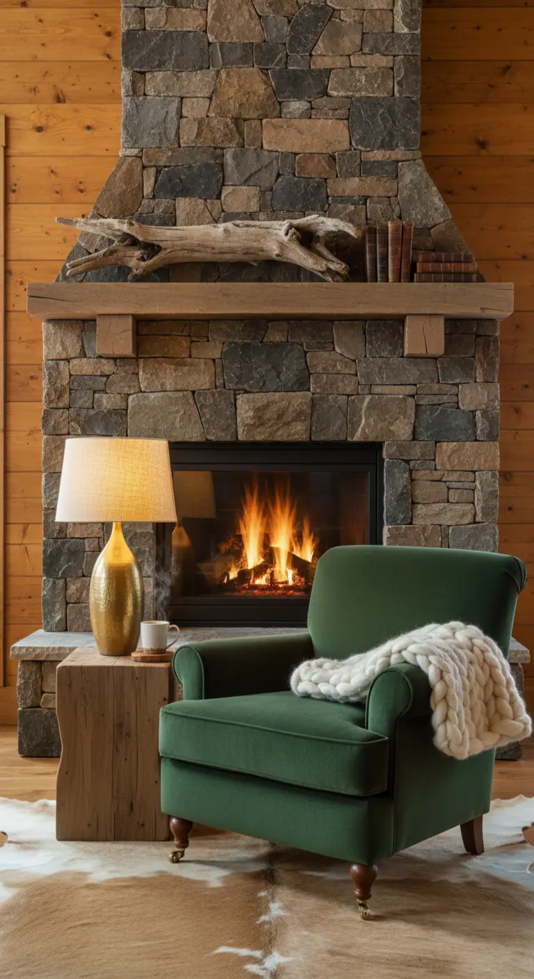 Poltrona in velluto verde accanto a un camino in pietra con una coperta di lana.