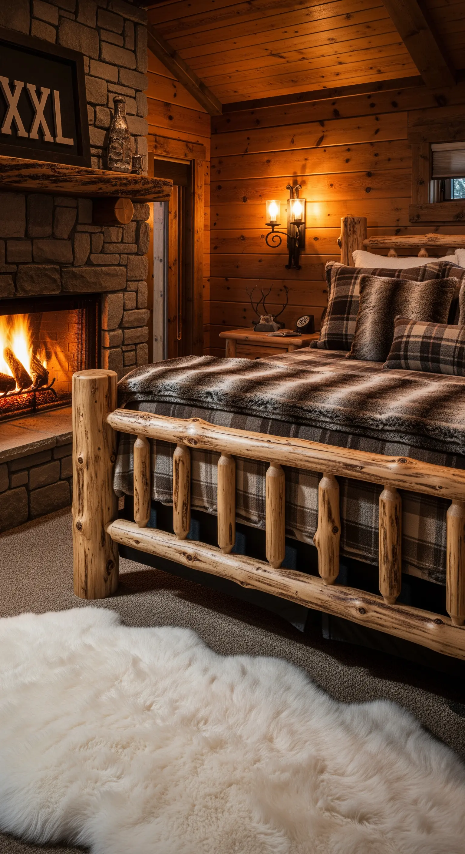 Camera da letto in stile baita con camino in pietra, letto in tronchi e un tappeto bianco in finta pelliccia.