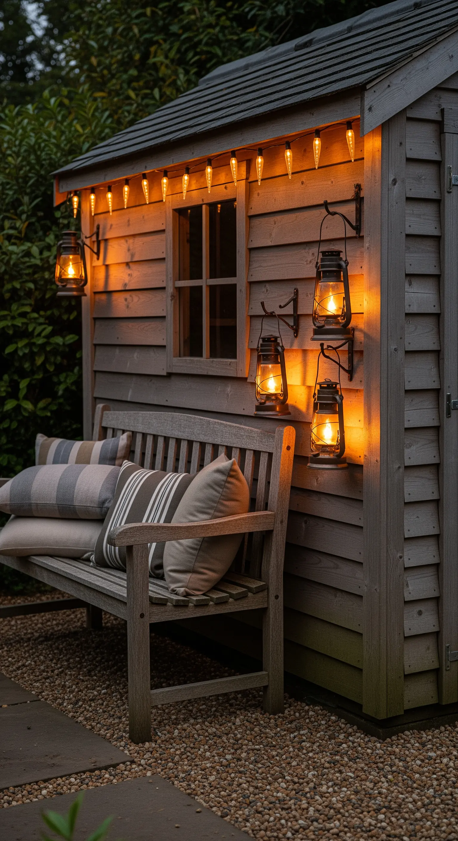 Panca in legno addossata a un capanno, con cuscini a righe e lanterne da campeggio.
