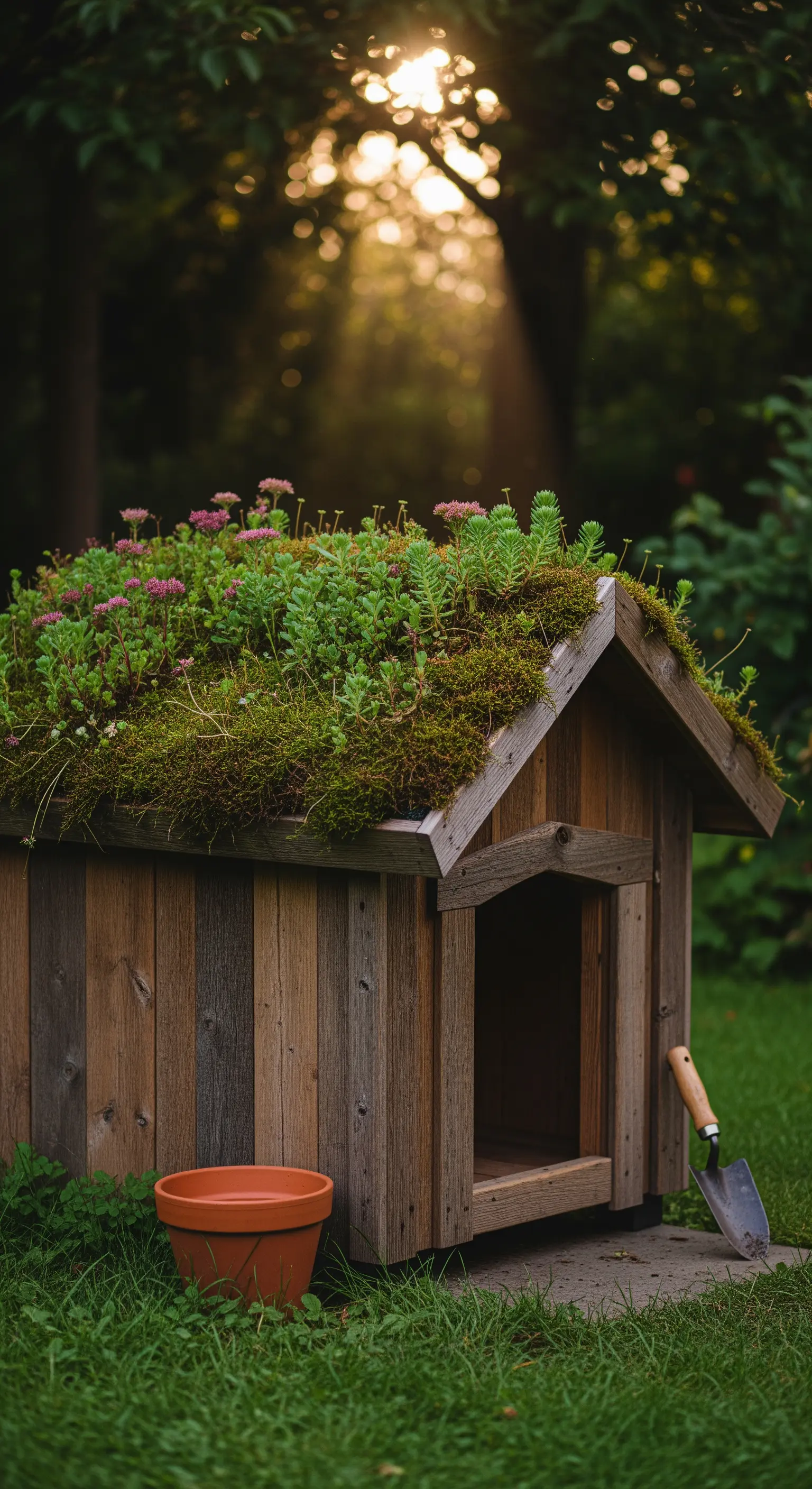 Cuccia in legno di recupero con tetto ricoperto di muschio e piante grasse in giardino.