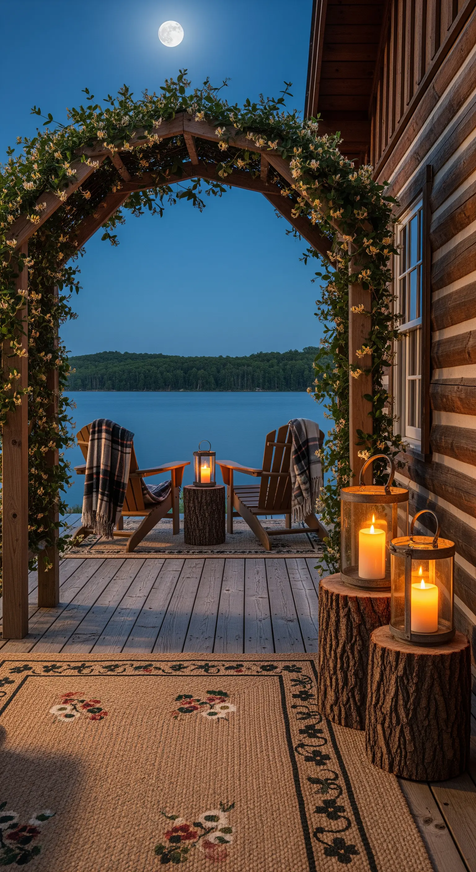 Portico in legno con vista lago, sedie Adirondack e lanterne su tronchi d'albero.