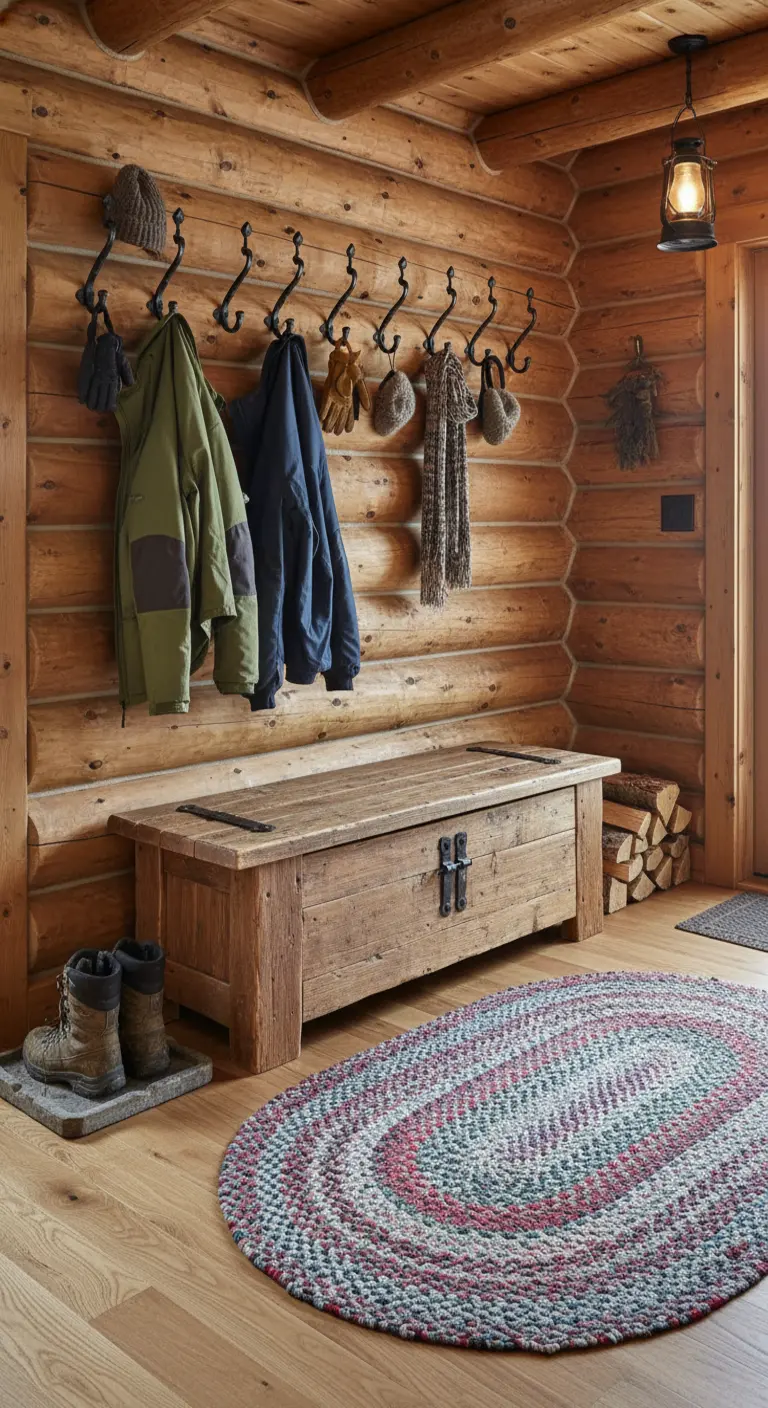 Cassapanca in legno grezzo e ganci in ferro battuto in un ingresso con pareti di tronchi.