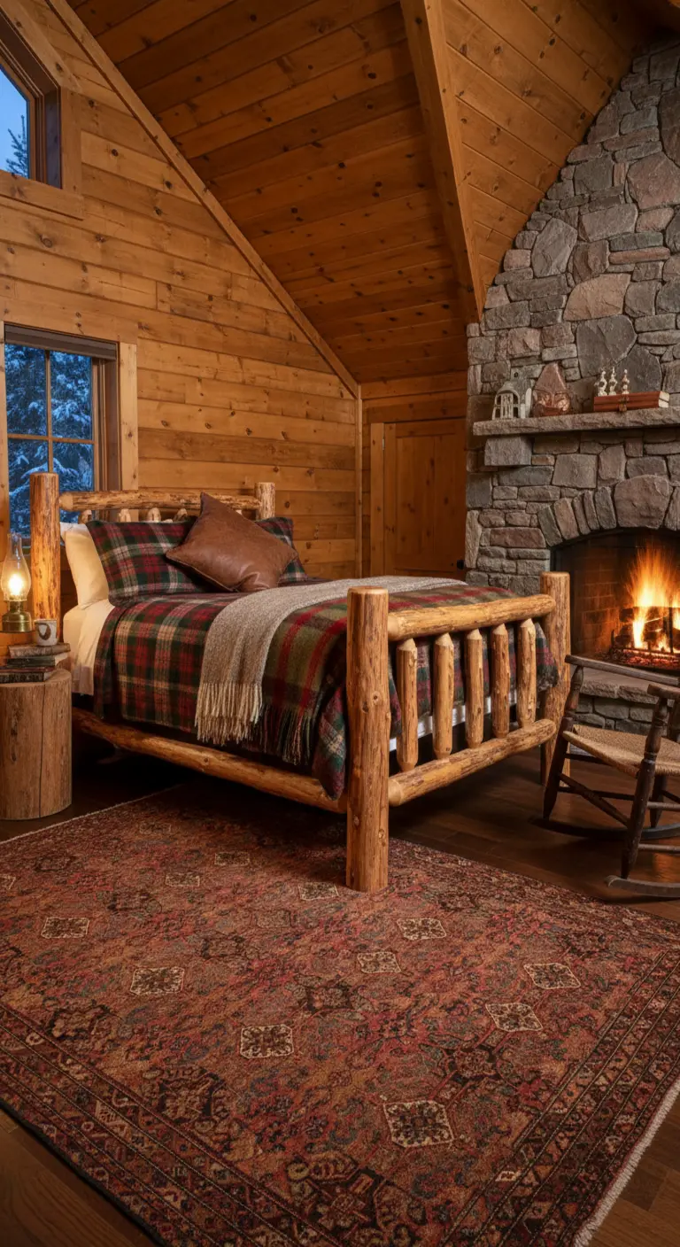 Camera da letto in stile baita con pareti in legno, camino in pietra e tappeto persiano.