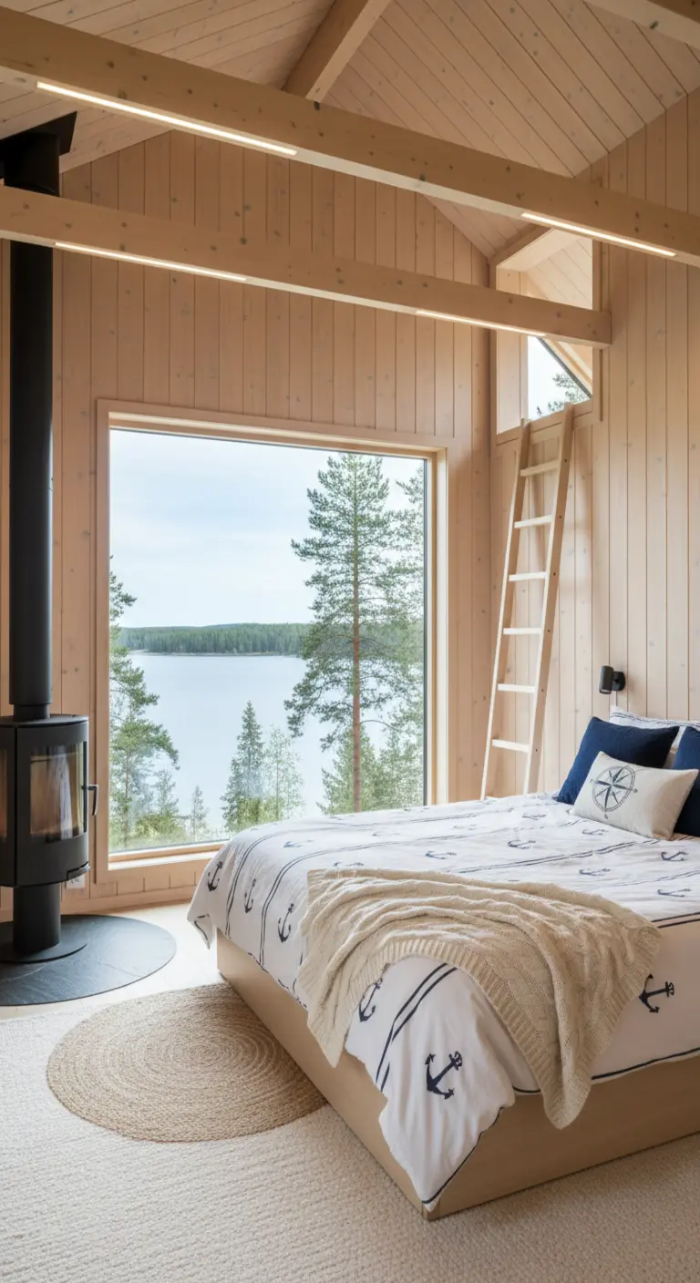 Camera da letto in una baita scandinava con pareti in legno chiaro e stufa nera moderna.