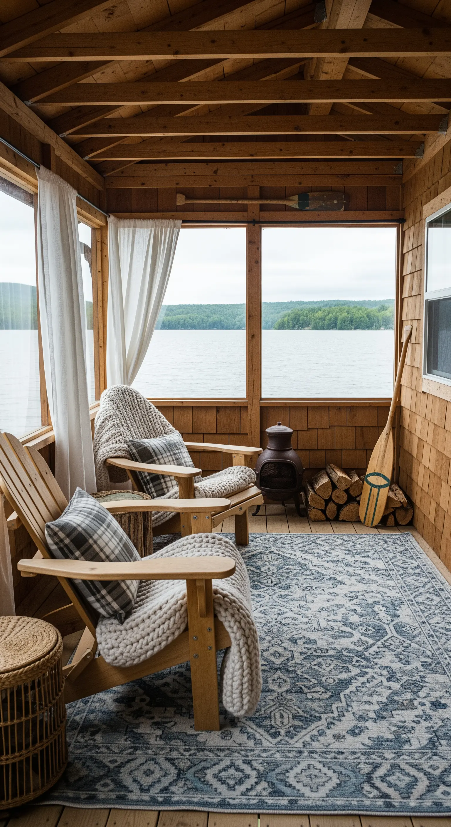 Veranda in legno con vista lago, sedie Adirondack e coperte di lana a maglia grossa.