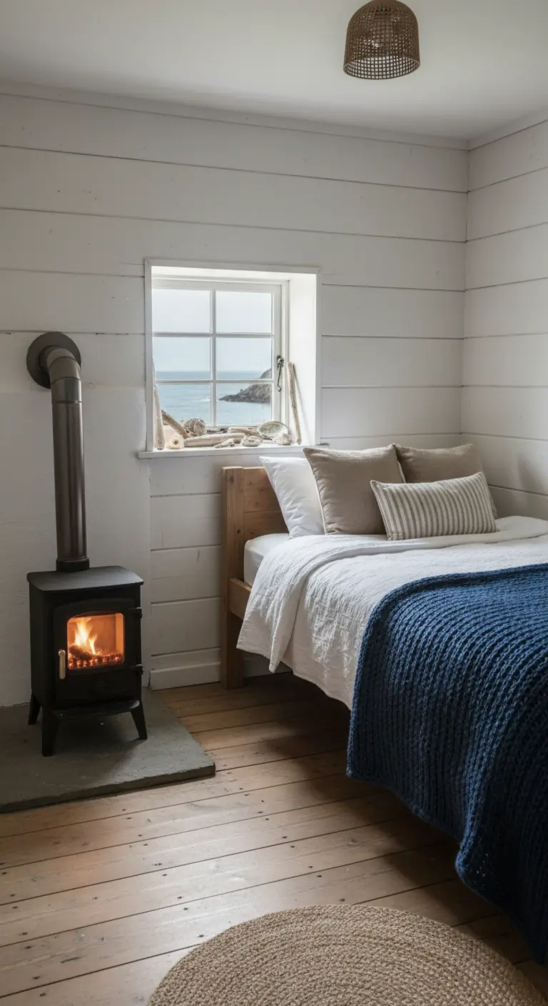 Camera da letto in un cottage con pareti bianche, piccola stufa a legna e finestra sul mare.