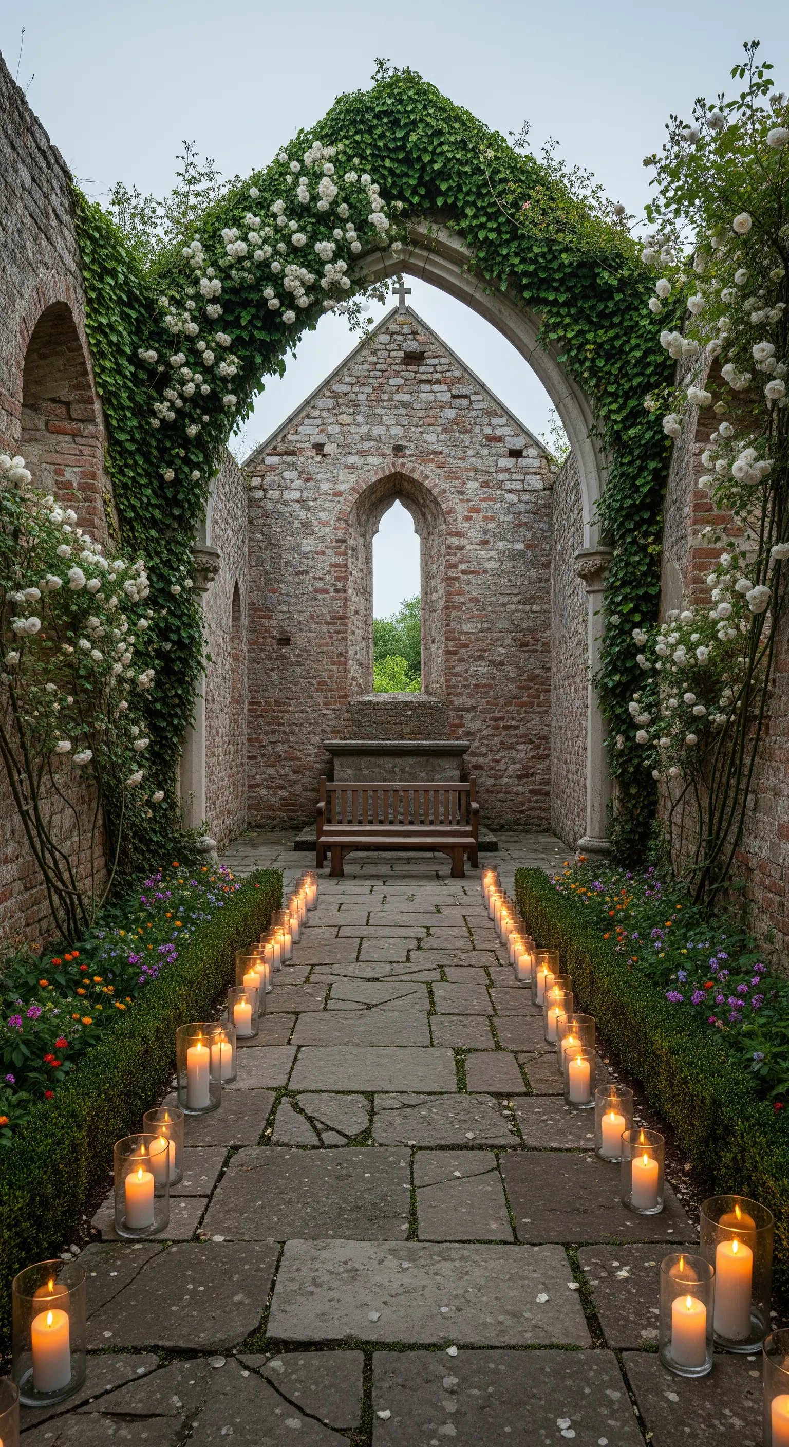Sentiero in pietra tra le rovine di una chiesa, fiancheggiato da decine di candele accese.