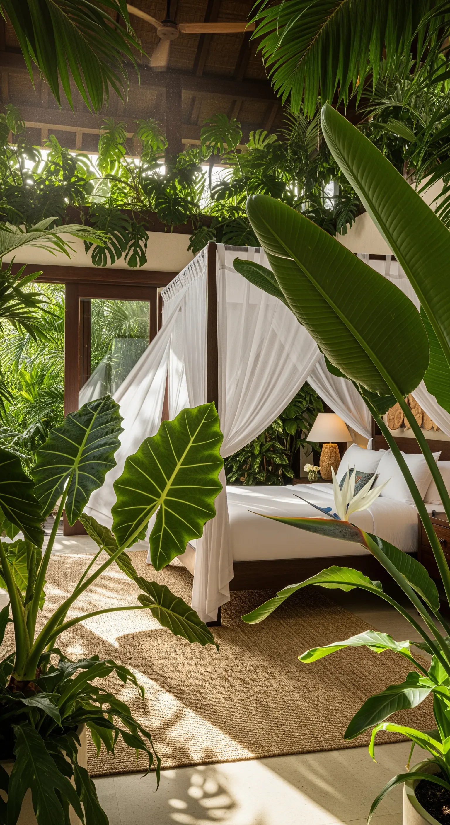 Letto a baldacchino con tende bianche, immerso in una giungla di piante tropicali a foglia larga.