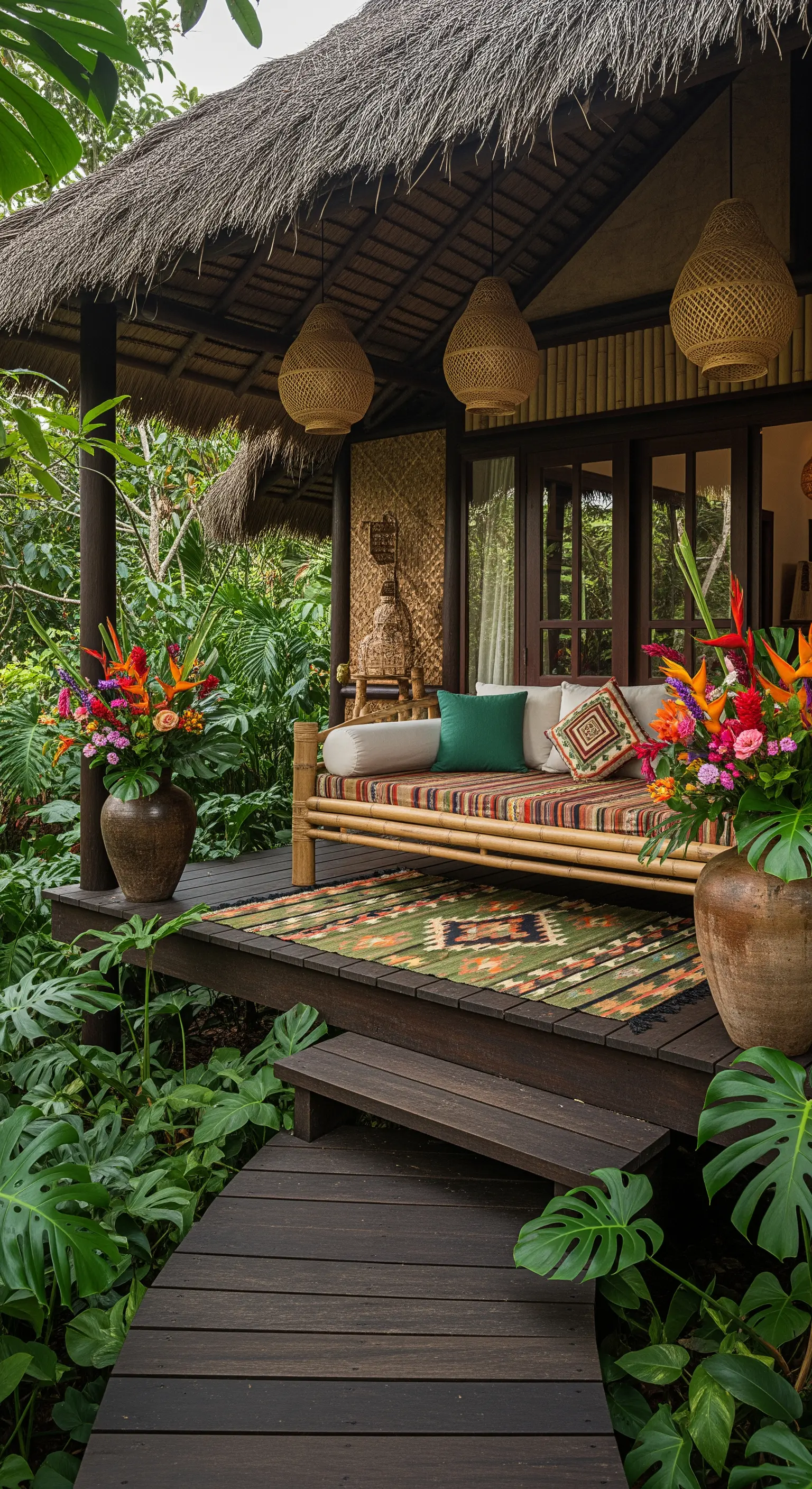 Portico in stile balinese con daybed in bambù, tetto di paglia e vegetazione lussureggiante.