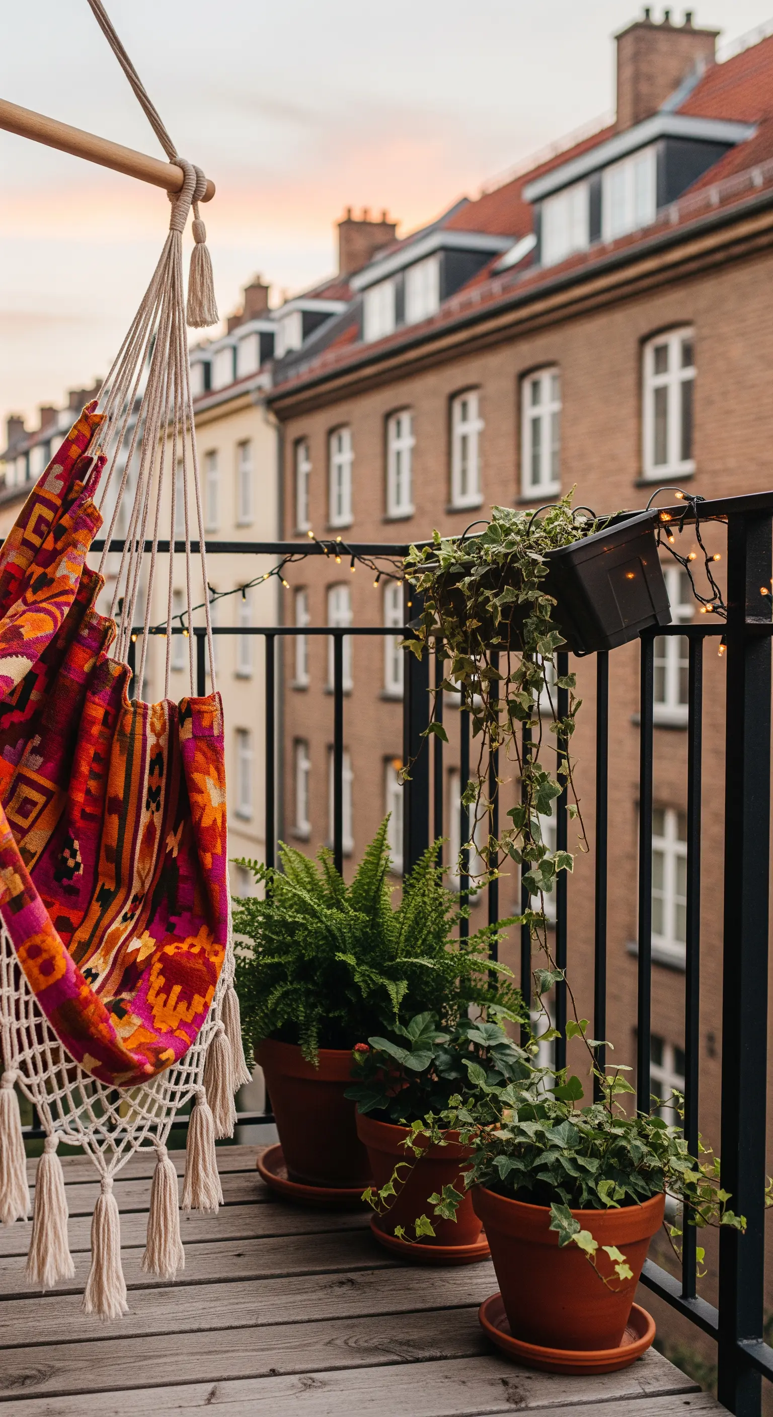 Amaca a sedia con pattern etnico su un balcone con piante e lucine calde.