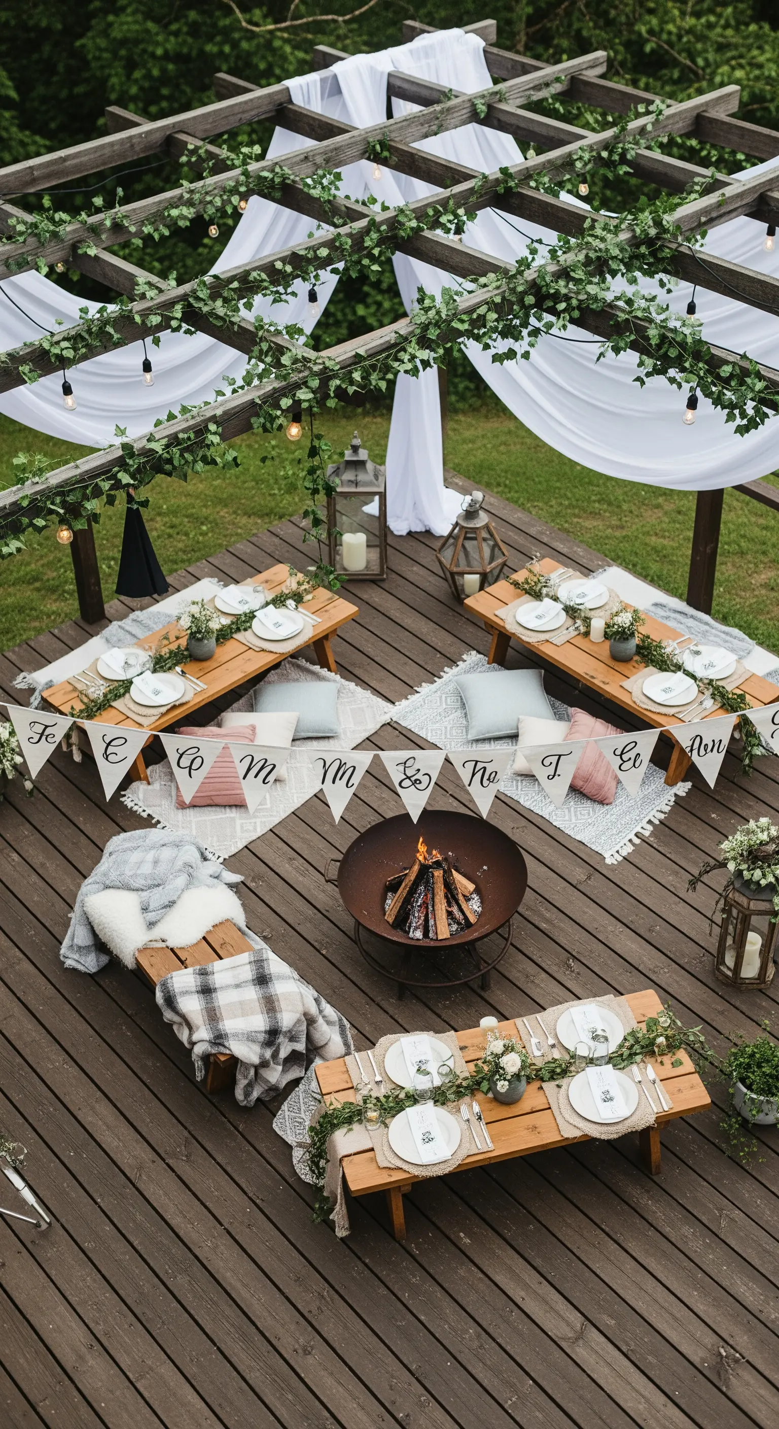 Terrazza in legno con braciere, tavoli da picnic e una pergola con teli bianchi.
