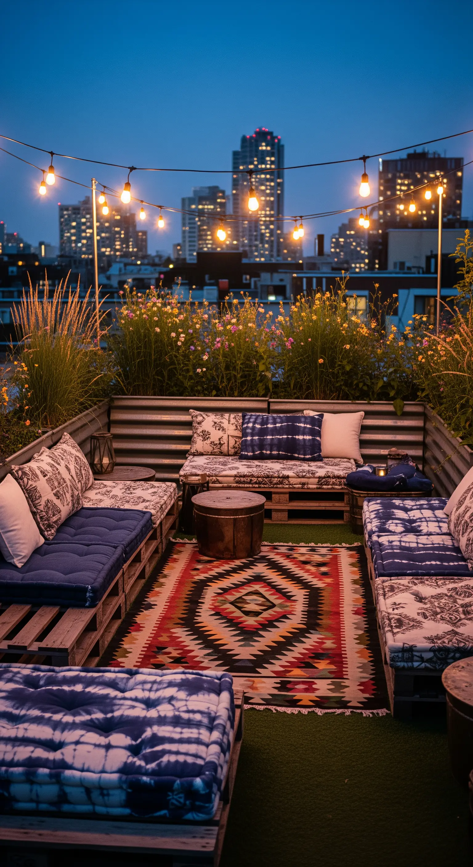 Terrazza con divani in pallet, cuscini tie-dye, tappeto kilim e luci a catena.