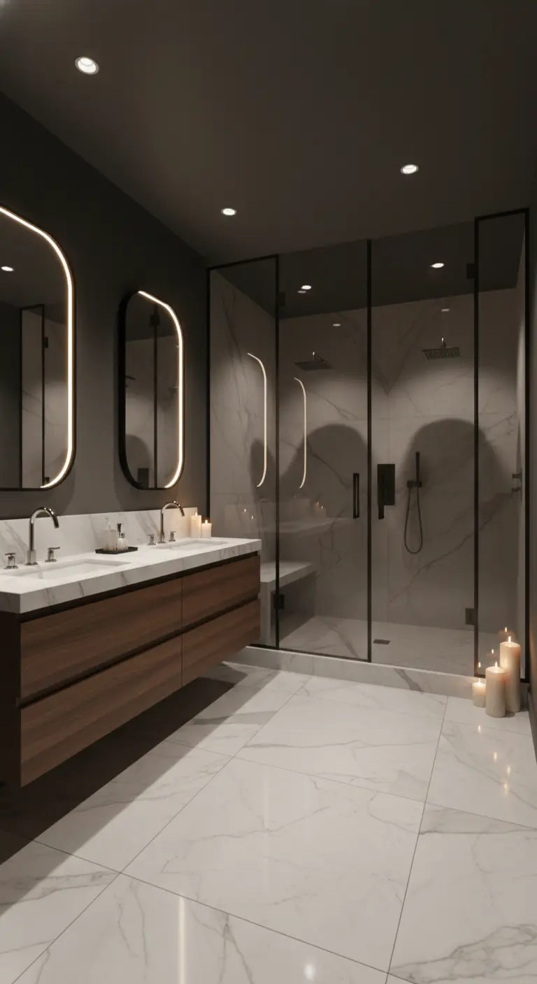 Bagno moderno con pareti scure, doppio lavabo su mobile in legno e doccia in marmo con vetro.
